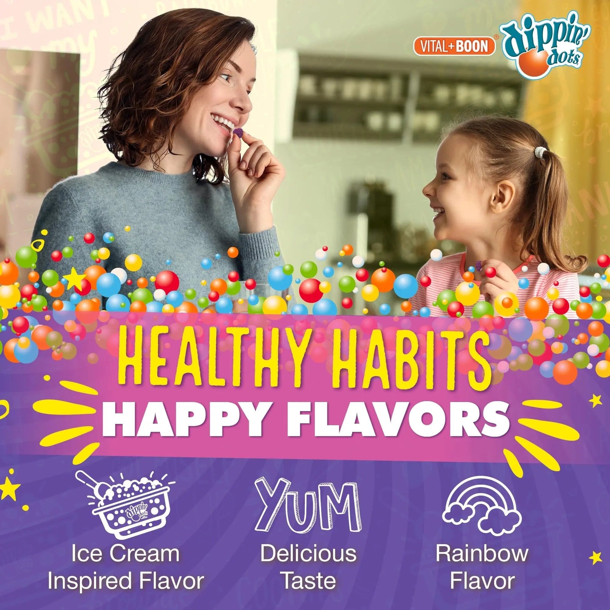 Dippin' Dots - Multivitamin Gummies for Kids Rainbow Fruit Flavor Complete Multivitamin Chewy Gummies Vitamin A, B, C, D3, E, B6, Zinc - 60 Count Vital+BoonAu supplements