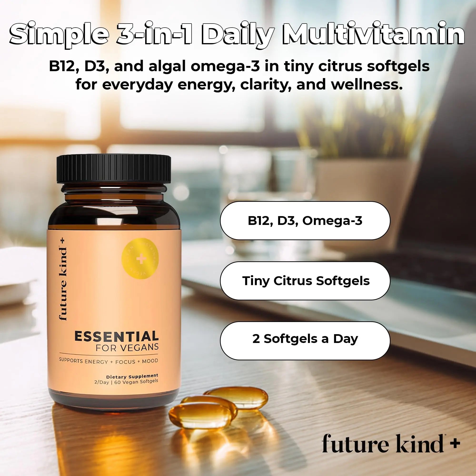 Future Kind 3 in 1 Daily Multivitamin - for Energy, Clarity, Active Wellness Support with B12, D3, and Algal Omega-3 - Essential Vegan Multivitamin for Women & Men Future KindAu supplements