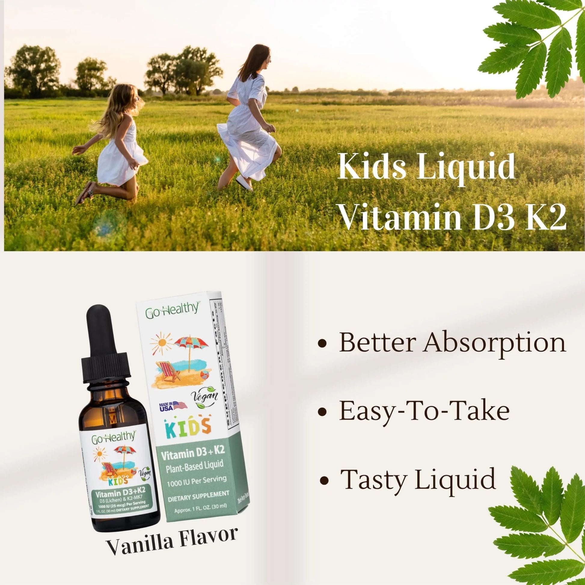 Go Healthy Kids Vitamins D3 K2 (MK-7), Child Vitamin D, Liquid Vegan D3 K2 Drops for Kids Go Healthy NaturalAu supplements