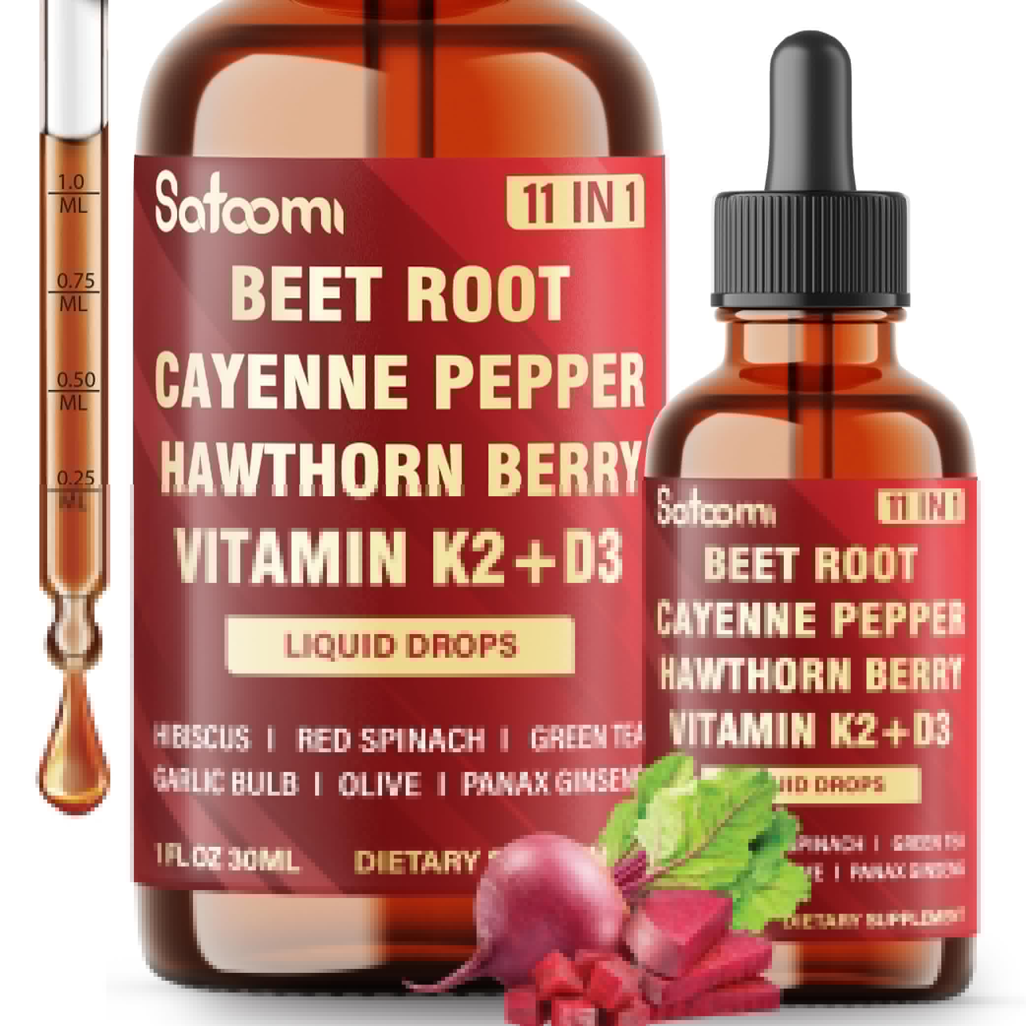 11in1 Beet Root Liquid Drops Supplement with Formula with D3, K2, Hawthorn, Red Spinach, Garlic & Green Tea and More - Supports Immune & Vitality - 1 FL Oz - for 60 Days SatoomiAu supplements
