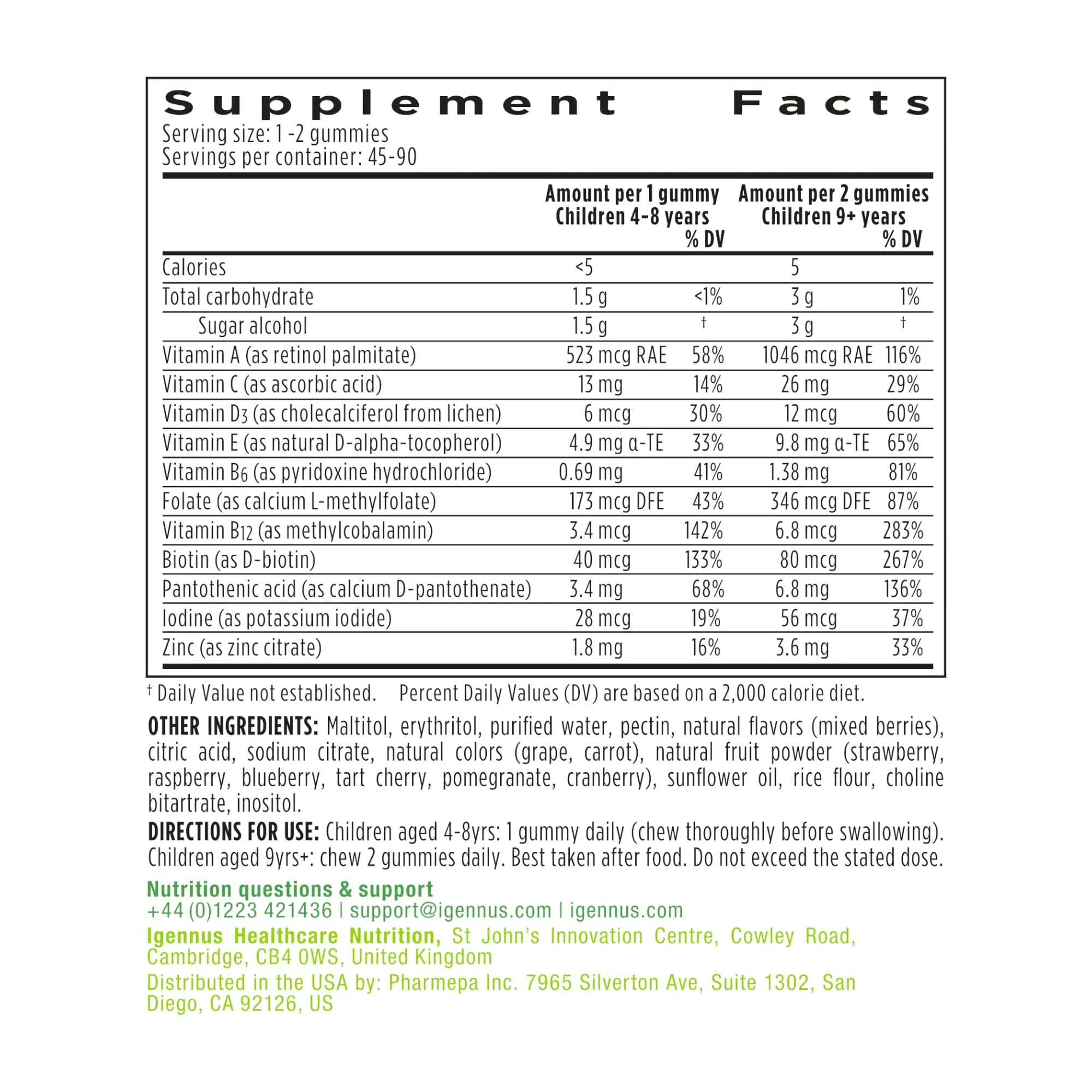 Igennus Methylated Kids Multivitamin Gummy, MTHFR, No Artificial Sweeteners or Flavors, Sugar Free, Age 4+, 90 Natural Berry Flavor Gummies Igennus Healthcare NutritionAu supplements