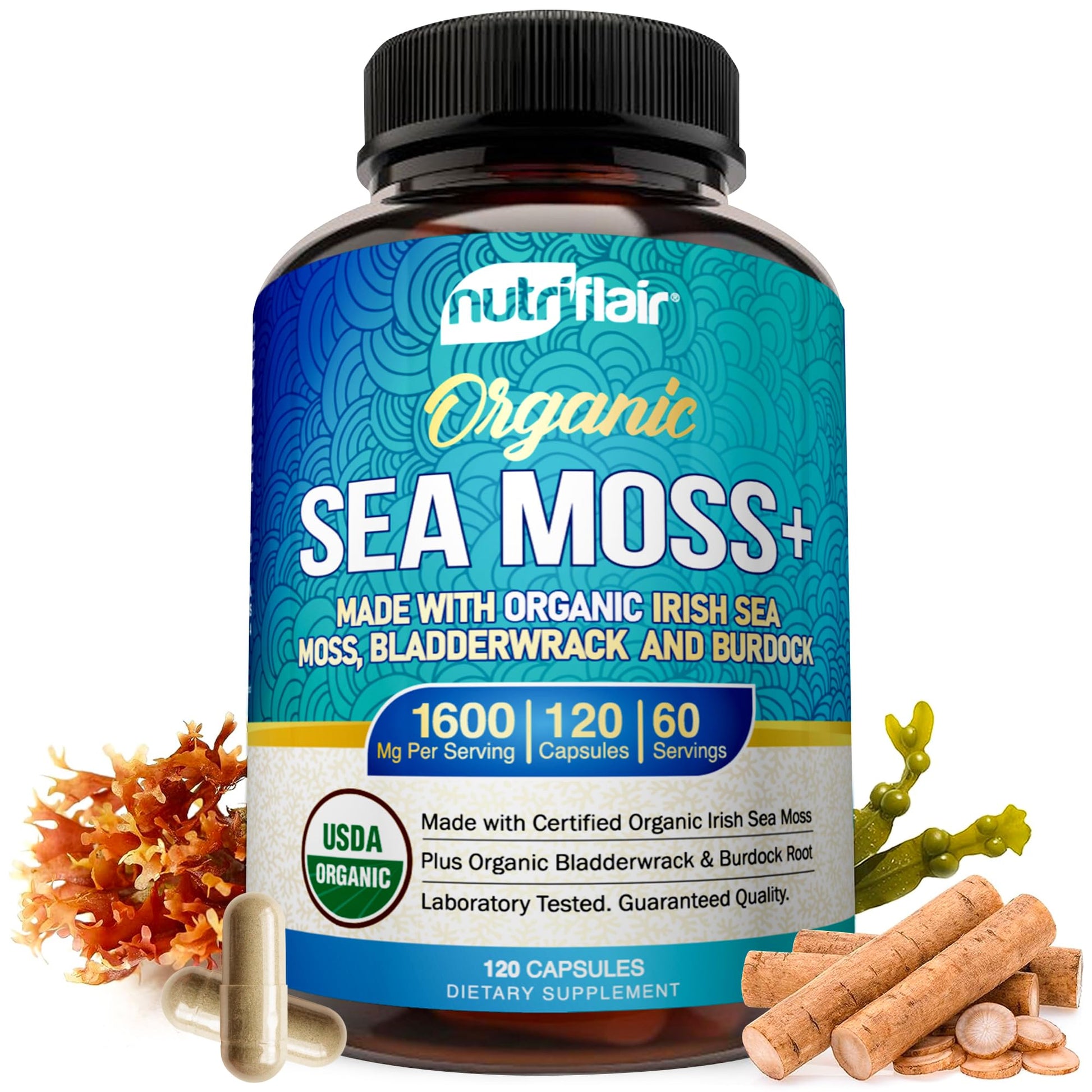 NutriFlair Organic Sea Moss 1600mg, 120 Capsules Plus Bladderwrack & Burdock - Prebiotic Super Food - Immune System & Digestive Health - Thyroid, Healthy Skin, Keto Detox, Gut NutriFlairAu supplements