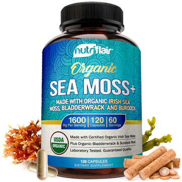 NutriFlair Organic Sea Moss 1600mg, 120 Capsules Plus Bladderwrack & Burdock - Prebiotic Super Food - Immune System & Digestive Health - Thyroid, Healthy Skin, Keto Detox, Gut NutriFlairAu supplements