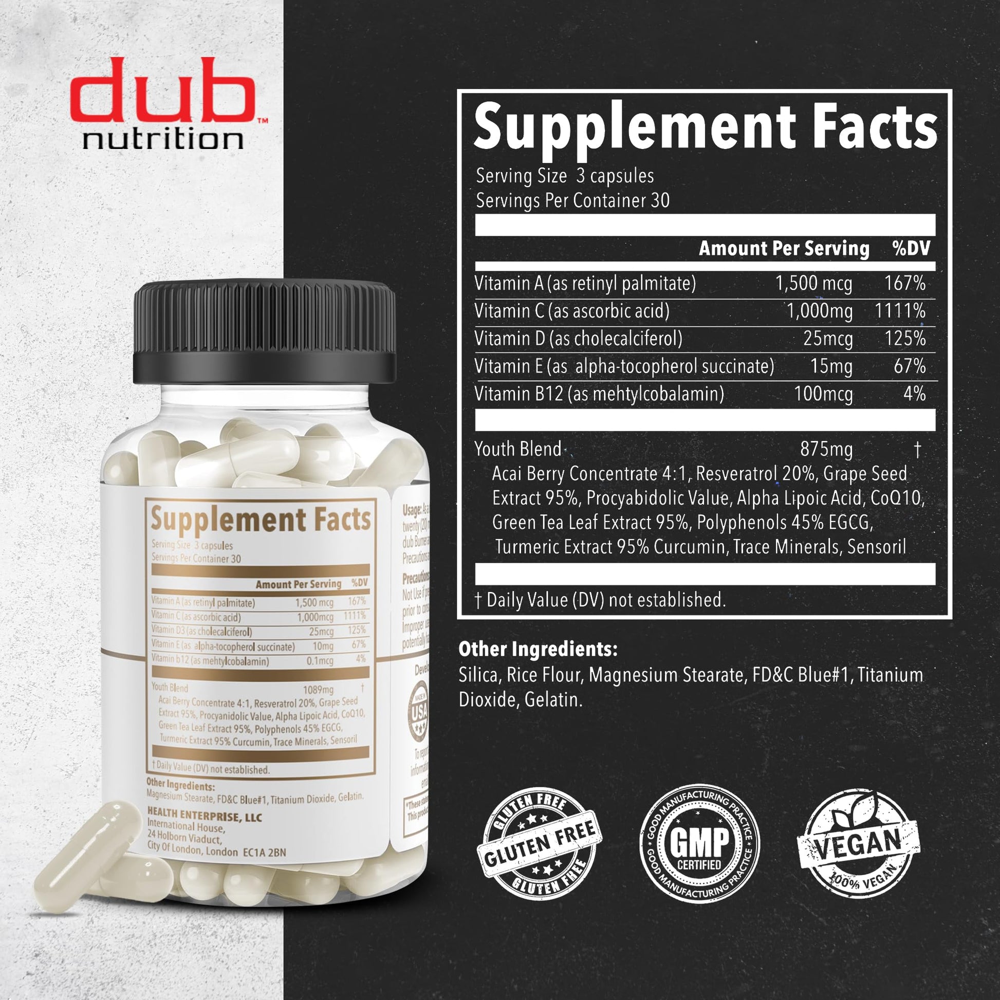 Dub Nutrition Youth - Formula with Acai, Resveratrol, Curcumin, Vitamins A, C, D, E, B12, and CoQ10 - Supports Immunity and Mobility - 90 Capsules Dub NutritionAu supplements