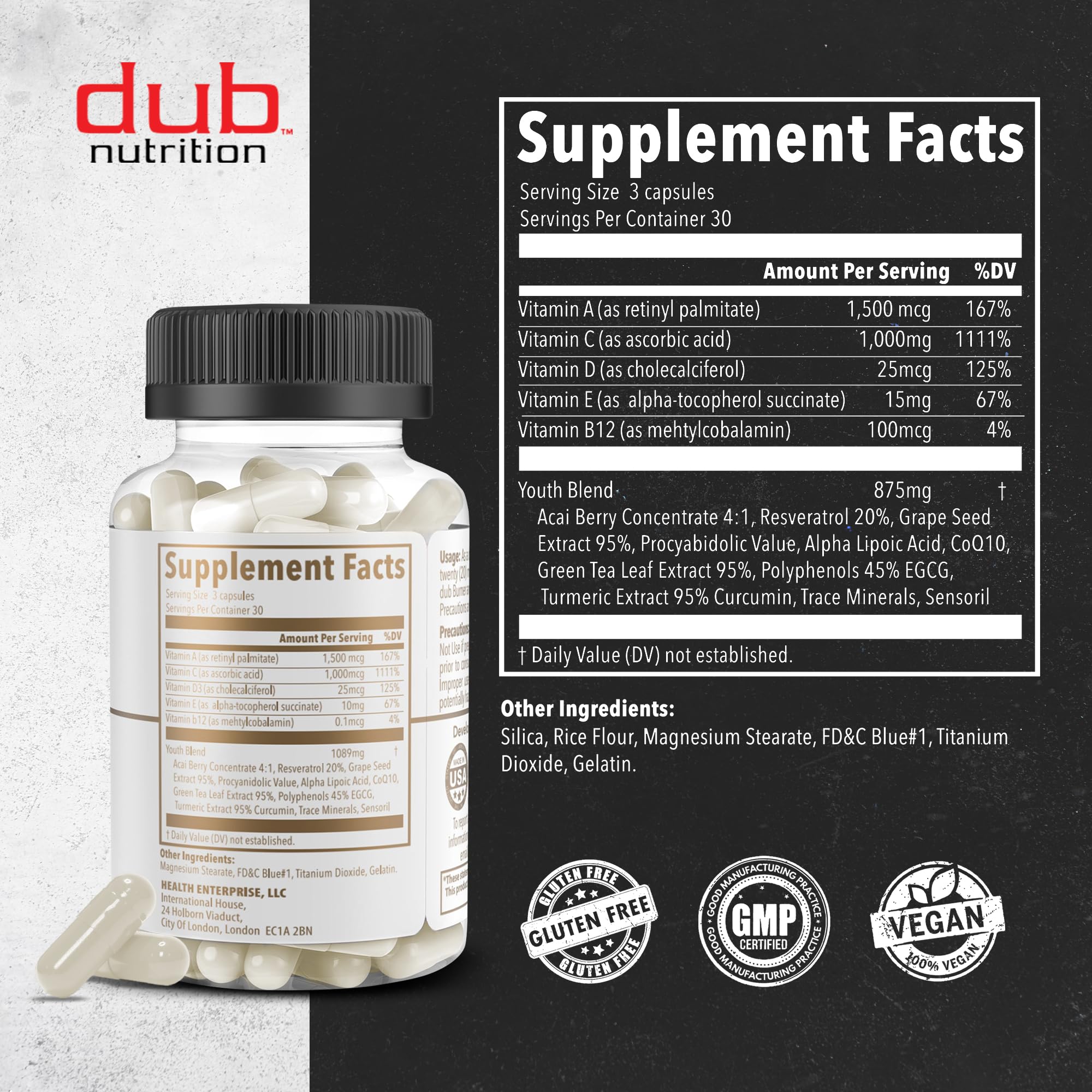 Dub Nutrition Youth - Formula with Acai, Resveratrol, Curcumin, Vitamins A, C, D, E, B12, and CoQ10 - Supports Immunity and Mobility - 90 Capsules Dub NutritionAu supplements