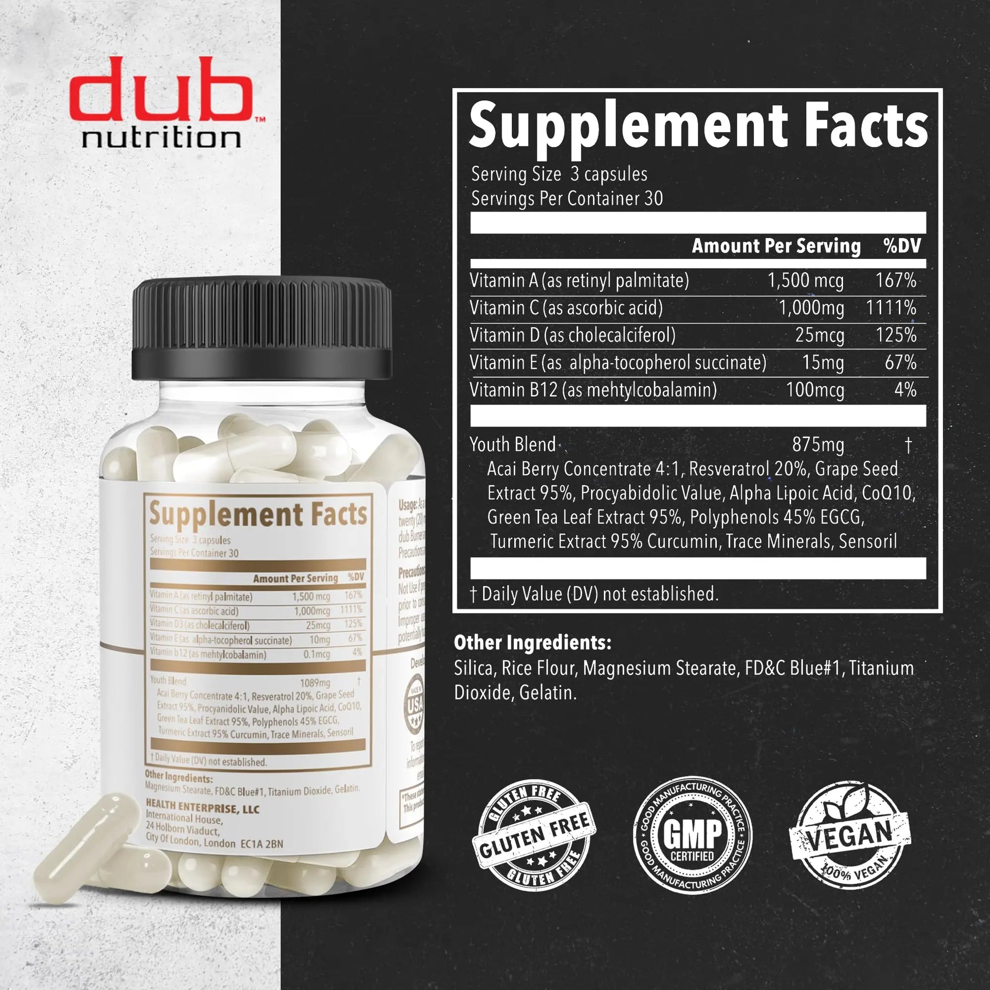 Dub Nutrition Youth - Formula with Acai, Resveratrol, Curcumin, Vitamins A, C, D, E, B12, and CoQ10 - Supports Immunity and Mobility - 90 Capsules Dub NutritionAu supplements