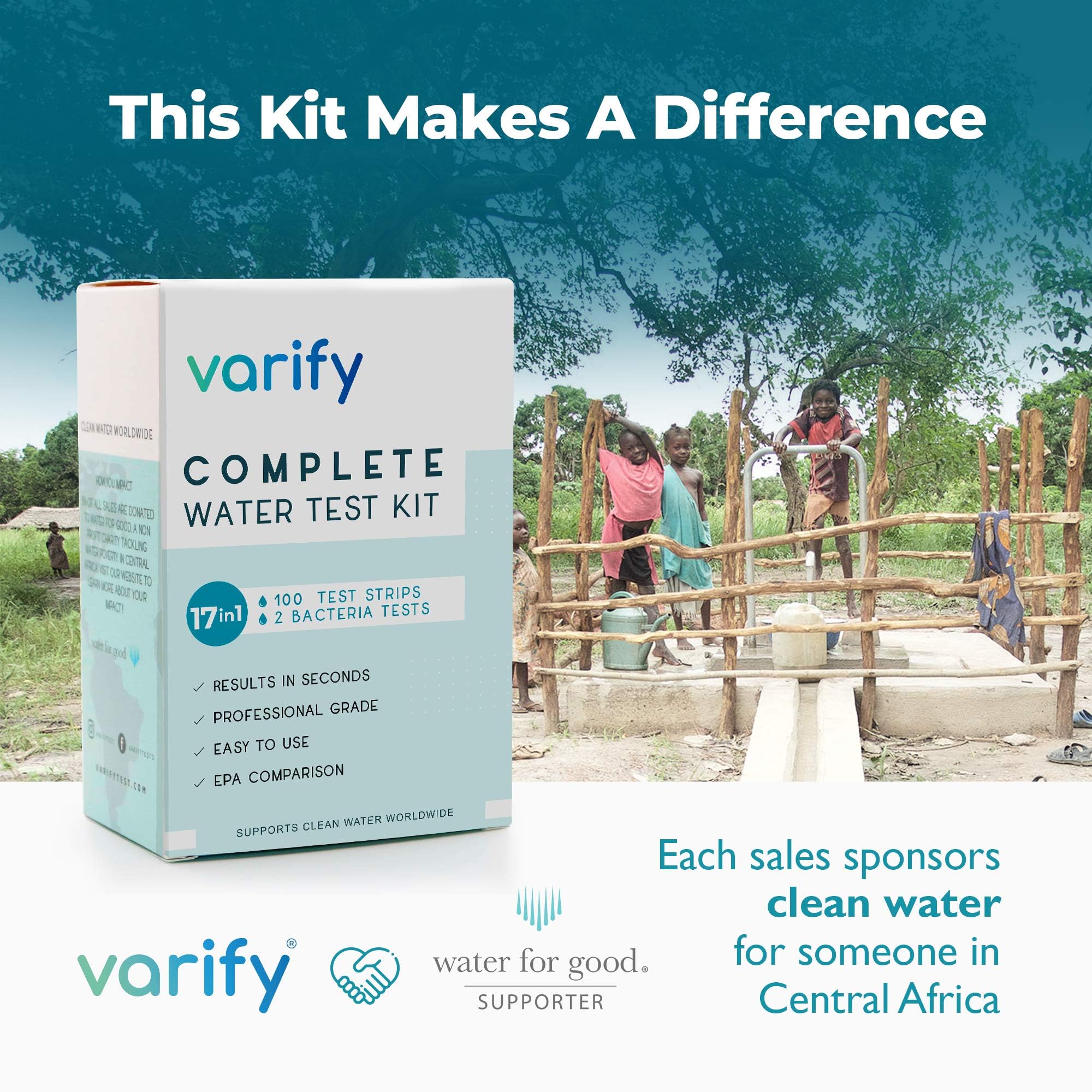 Varify 17in1 Complete Drinking Water Test Kit - 100 Strips + 2 Bacteria Tester Kits - Well, Tap, Home, City Water Testing Strip for Lead, Alkaline, Chlorine, Hardness, Iron, Fluoride, Copper & More VARIFYAu supplements