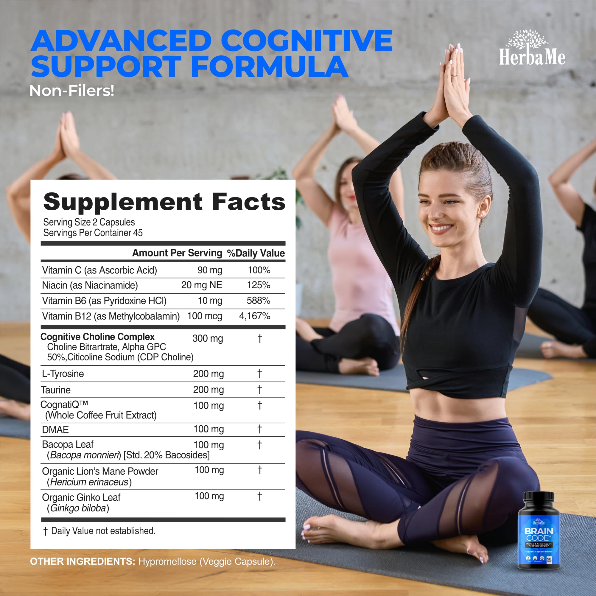 HerbaMe Brain Code Nootropic Brain Supplement for Memory and Focus | Supports Cognitive Health & Mental Clarity, Enhance Concentration | 90 Capsules HerbaMeAu supplements