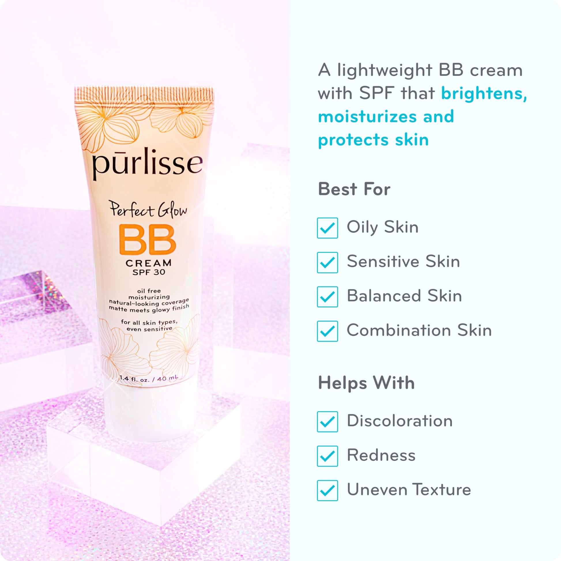 pūrlisse Perfect Glow BB Cream with SPF 30 - Matte Meets Dewy Finish - Enriched with Goji & Hawthorn Berry to Help Improve Skin Texture & Radiance - Medium Golden (1.4 oz) pūrlisseAu supplements