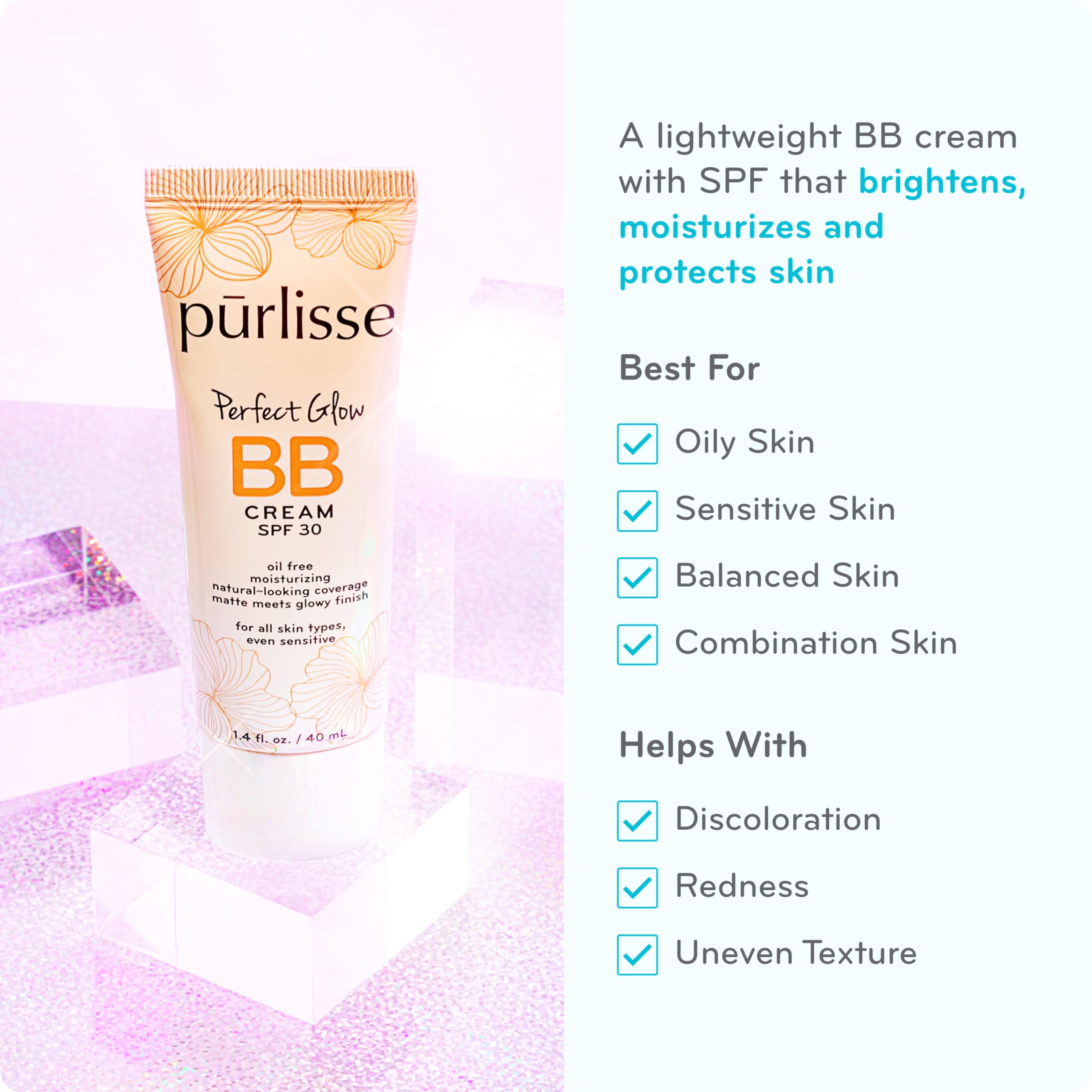 pūrlisse Perfect Glow BB Cream with SPF 30 - Matte Meets Dewy Finish - Enriched with Goji & Hawthorn Berry to Help Improve Skin Texture & Radiance - Medium Golden (1.4 oz) pūrlisseAu supplements