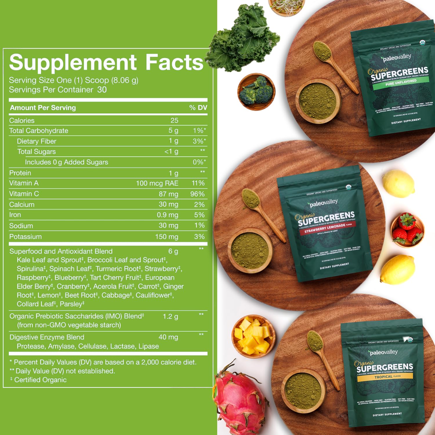 Paleovalley Organic Supergreens Powder - 23 Superfoods with Prebiotic Fiber for Energy and Immunity Support - No Cereal Grasses for Maximum Absorption - Pure Unflavored, 30 Servings PaleovalleyAu supplements