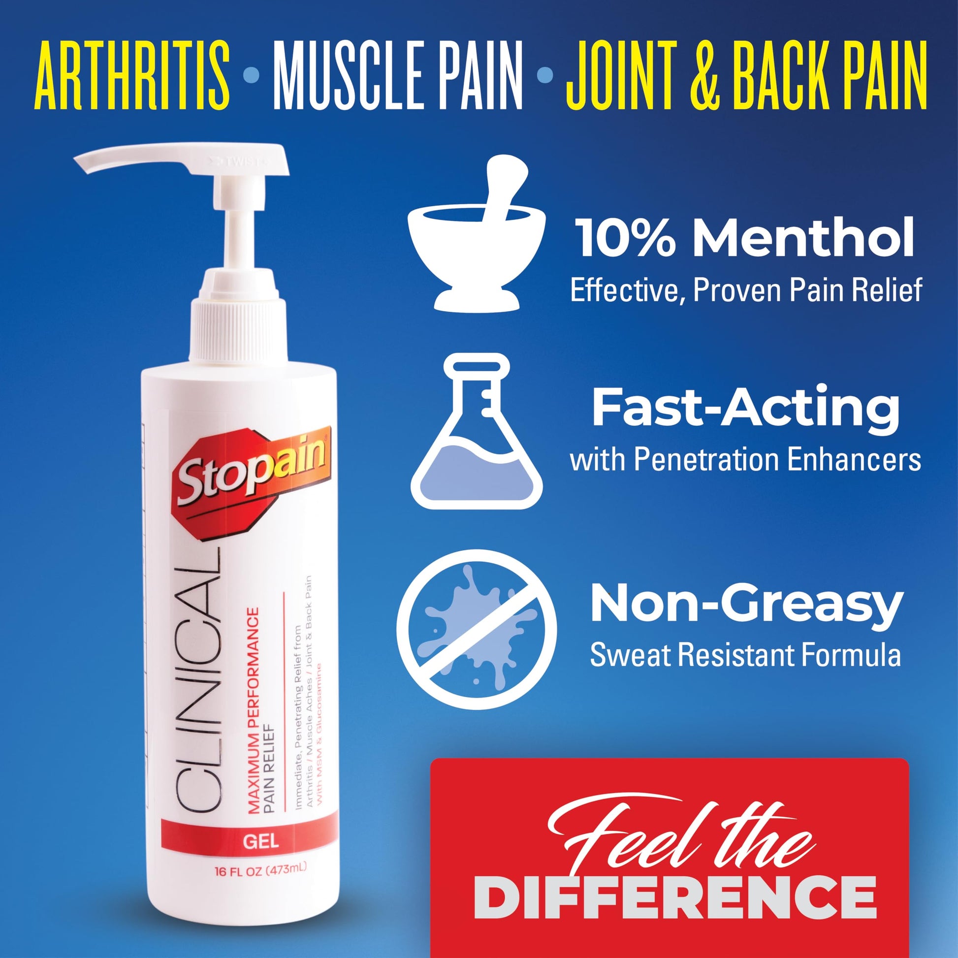 Stopain Clinical Pain Relief Gel 16 oz - Professional Formula for Arthritis, Knee, Back & Muscle Pain - Maximum Strength Gel for Joint & Nerve Pains with 10% Menthol Plus Glucosamine - Made in USA StopainAu supplements