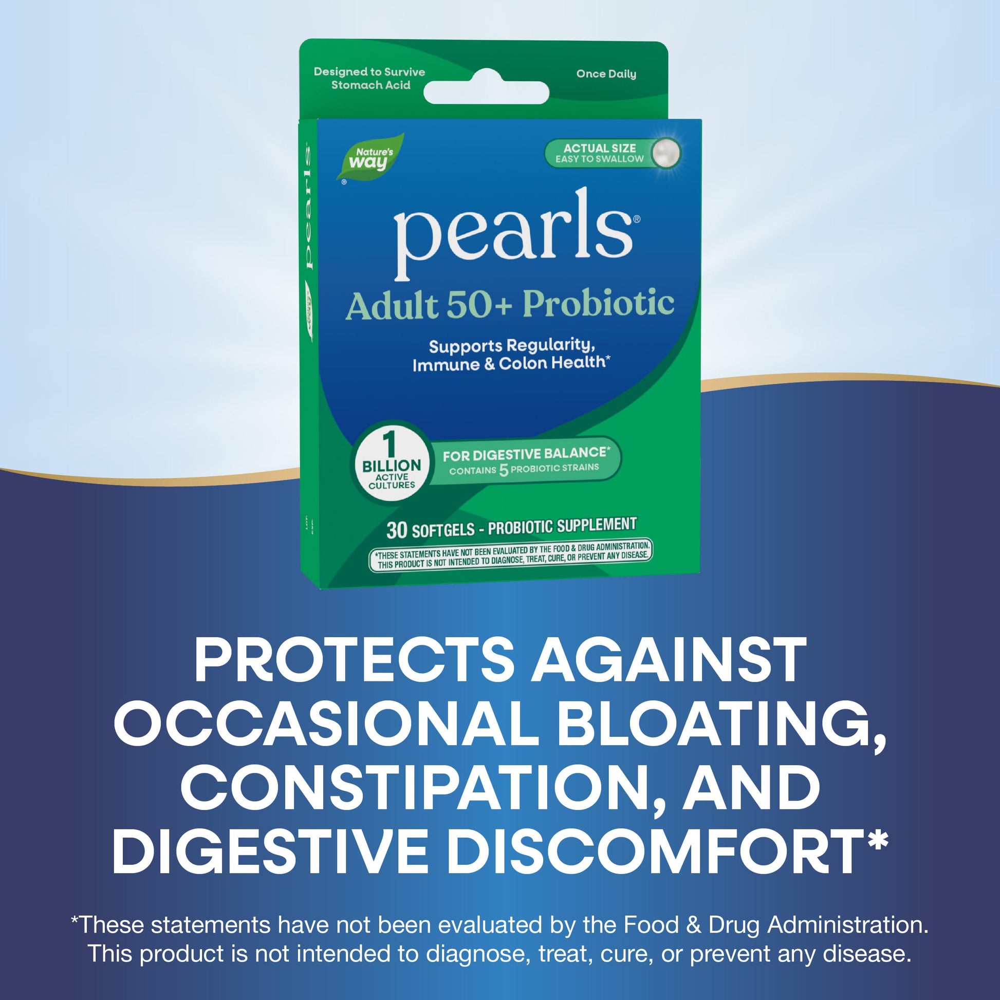 Nature's Way Pearls Adult 50+ Probiotic, Probiotics for Digestive Health* Supports Regularity, Immune & Colon Health*, 1 Billion Cultures, No Refrigeration Needed, 30 Softgels Nature's WayAu supplements