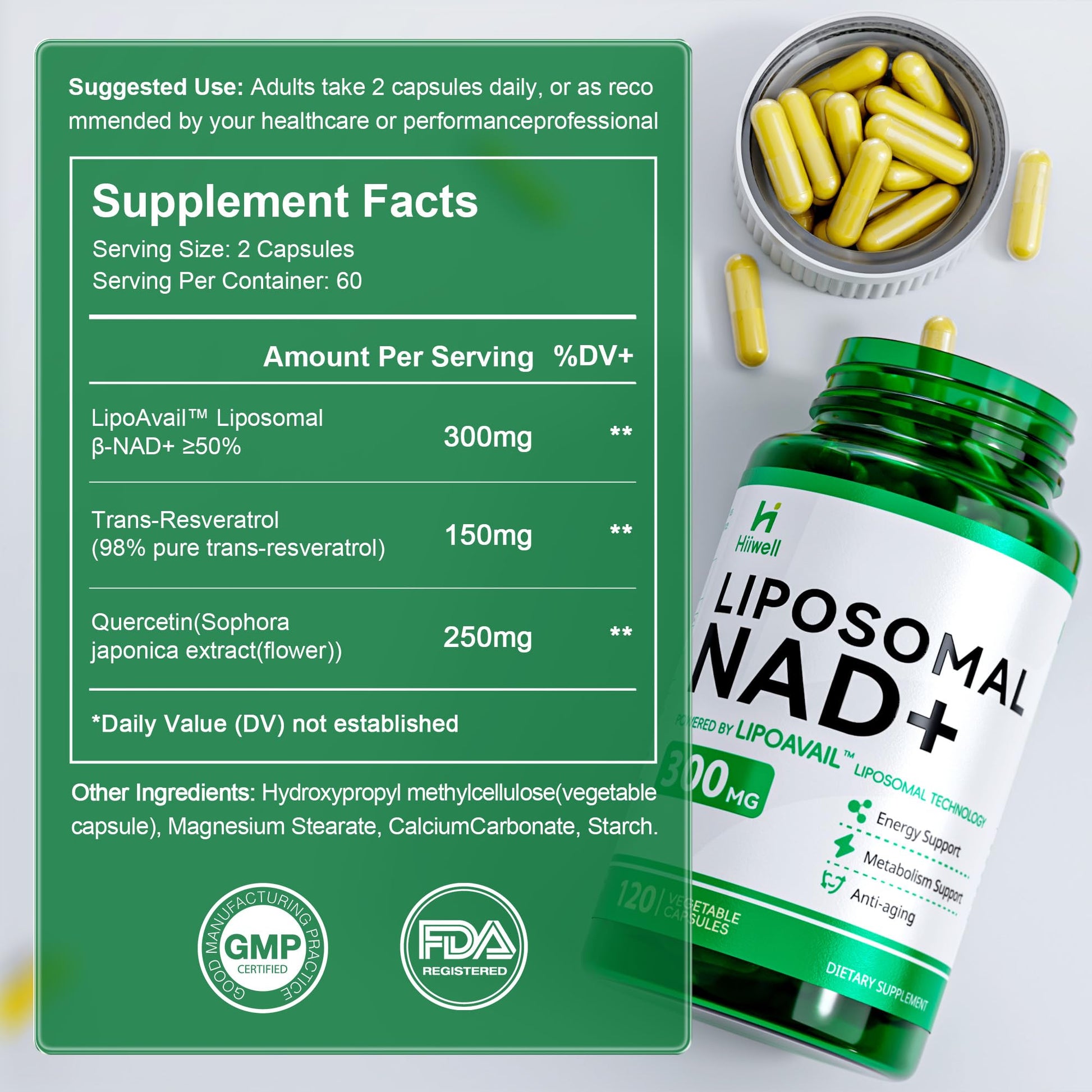 Liposomal NAD Supplement 300mg + Trans-Resveratrol & Quercetin, Energy & Anti-Aging Support, Boost NAD+ Levels - Vegan, Pure NAD Resveratrol Supplement for Women & Men, 120 Capsules HiiwellAu supplements