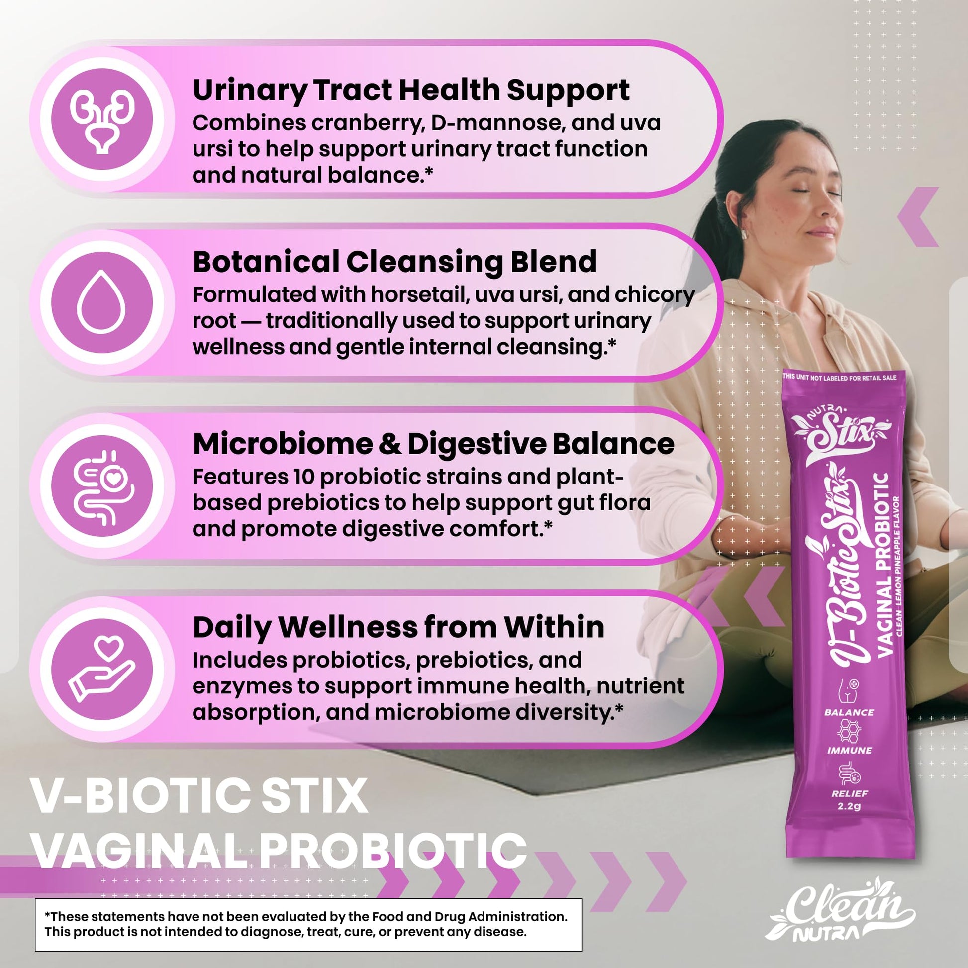 Clean Nutraceuticals Vaginal Probiotics for Women with Cranberry Extract, D-Mannose, Prebiotics, pH Balance for Women, Vaginal Health – Womens Probiotic Alternative to Gummies - 20 Stix Clean NutraceuticalsAu supplements