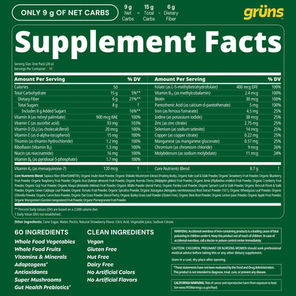 Gruns Adults Super Greens Gummies, Multivitamin Superfood Gummy Bears, Spirulina, Chlorella, Prebiotics & Fiber Gummies for Digestive Health GrünsUS supplements