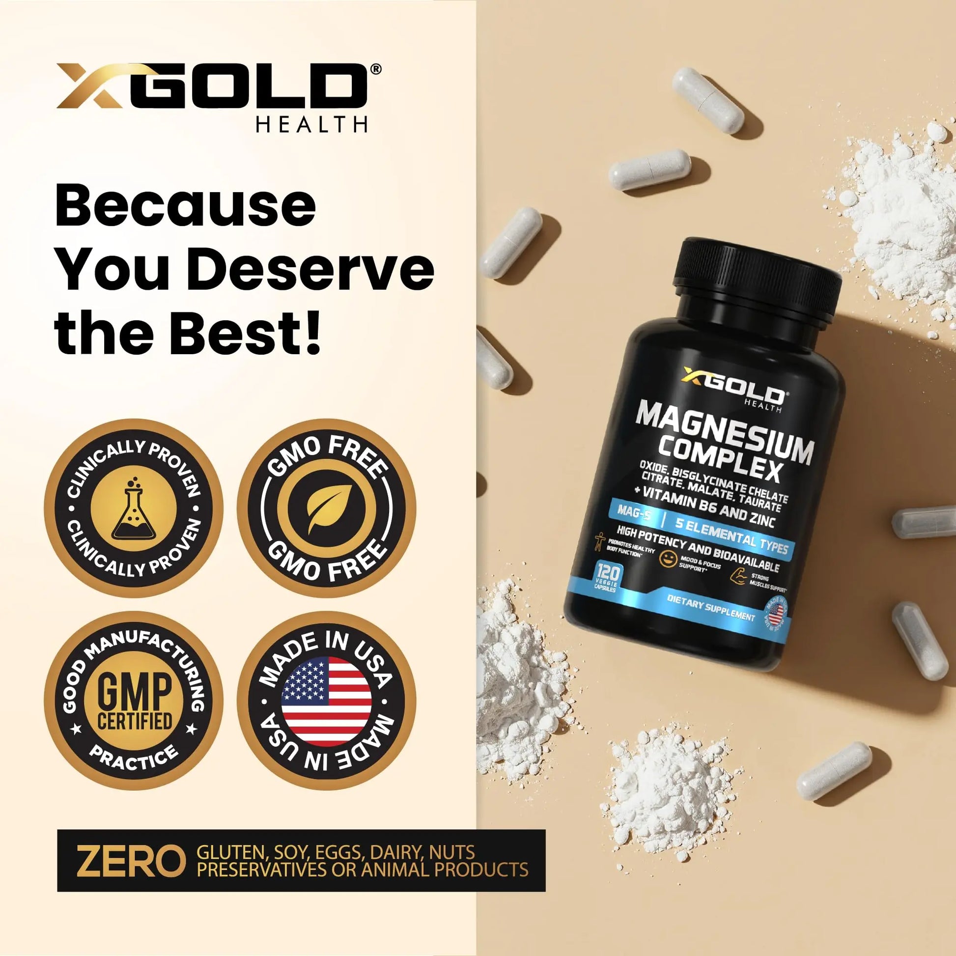 X Gold Health Magnesium Complex 5-in-1 with Zinc & B6 High Absorption Capsules (Glycinate, Citrate, Malate, Taurate, Oxide) Muscle Recovery, Energy, Sleep Support & Immune Health 500mg Made in USA X Gold Healthnz supplements