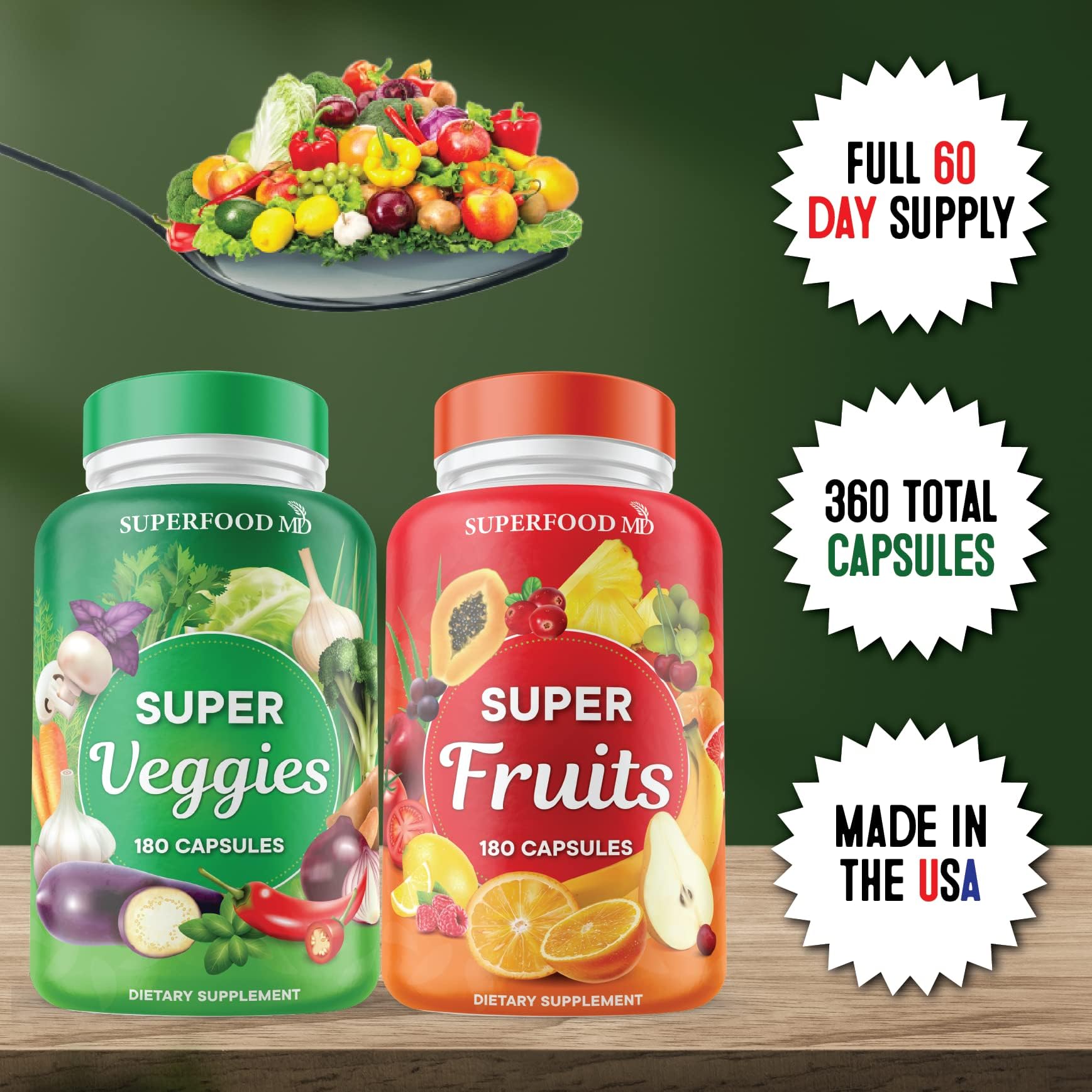 Superfood Fruit and Veggie Supplement - 360 Whole Super Fruit and Vegetable Supplements & Vitamin with Beta-Carotene, Soy Free- 180 Count (Pack of 2) Superfood MDAu supplements