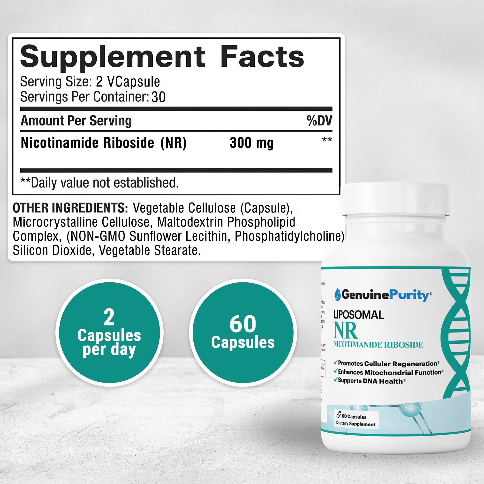 GenuinePurity Liposomal NR 300mg Nicotinamide Riboside Supplement | Advanced NAD Boost for Cellular Energy and Mitochondrial Function | Gluten Free, Vegan, USA Made, Non-GMO | 60 Capsules GenuinePurityAu supplements
