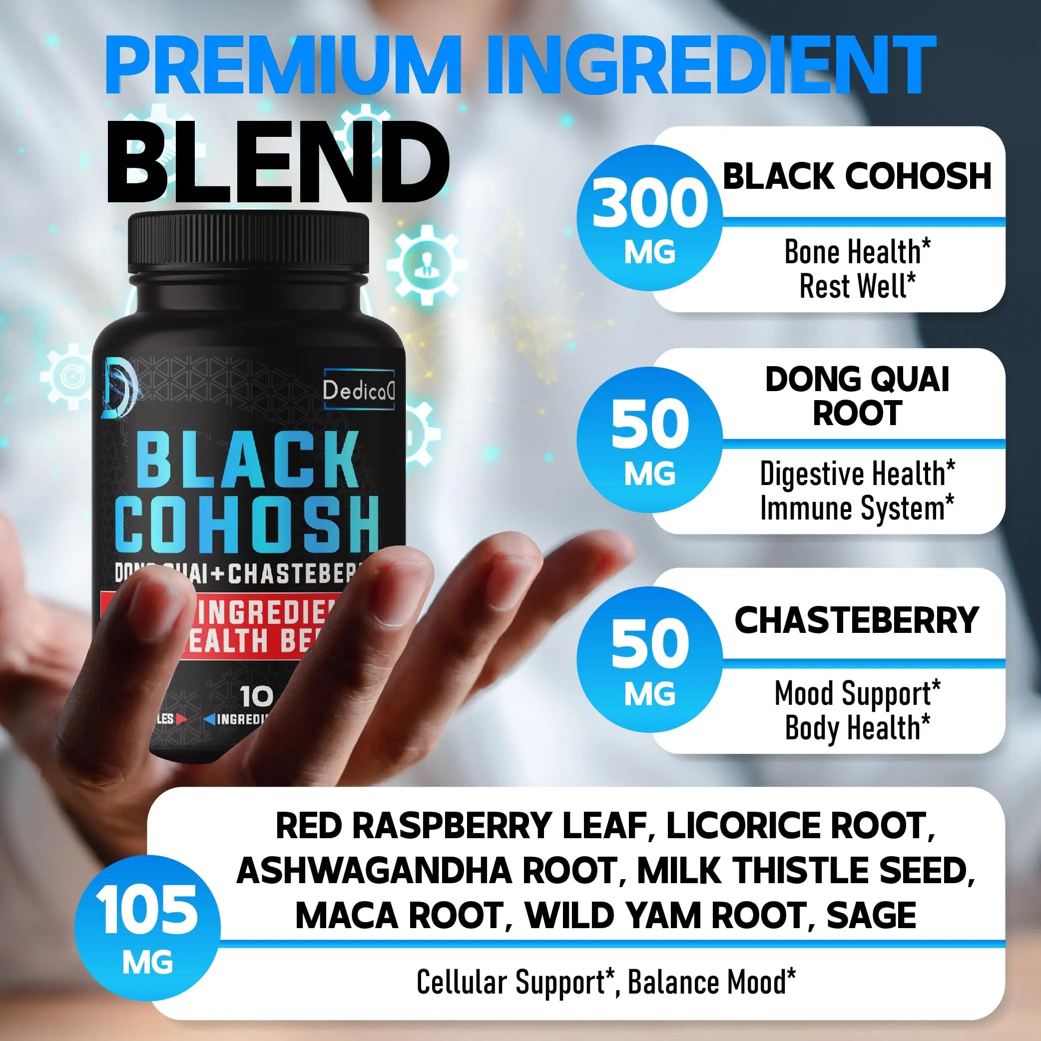 DEDICAD 12in1 Black Cohosh 5-Month Supply for Menopause Support Supplement with Dong Quai, Chasteberry, Red Raspberry, Licorice, Wild Yam & More - 150 Capsules DEDICADnz supplements