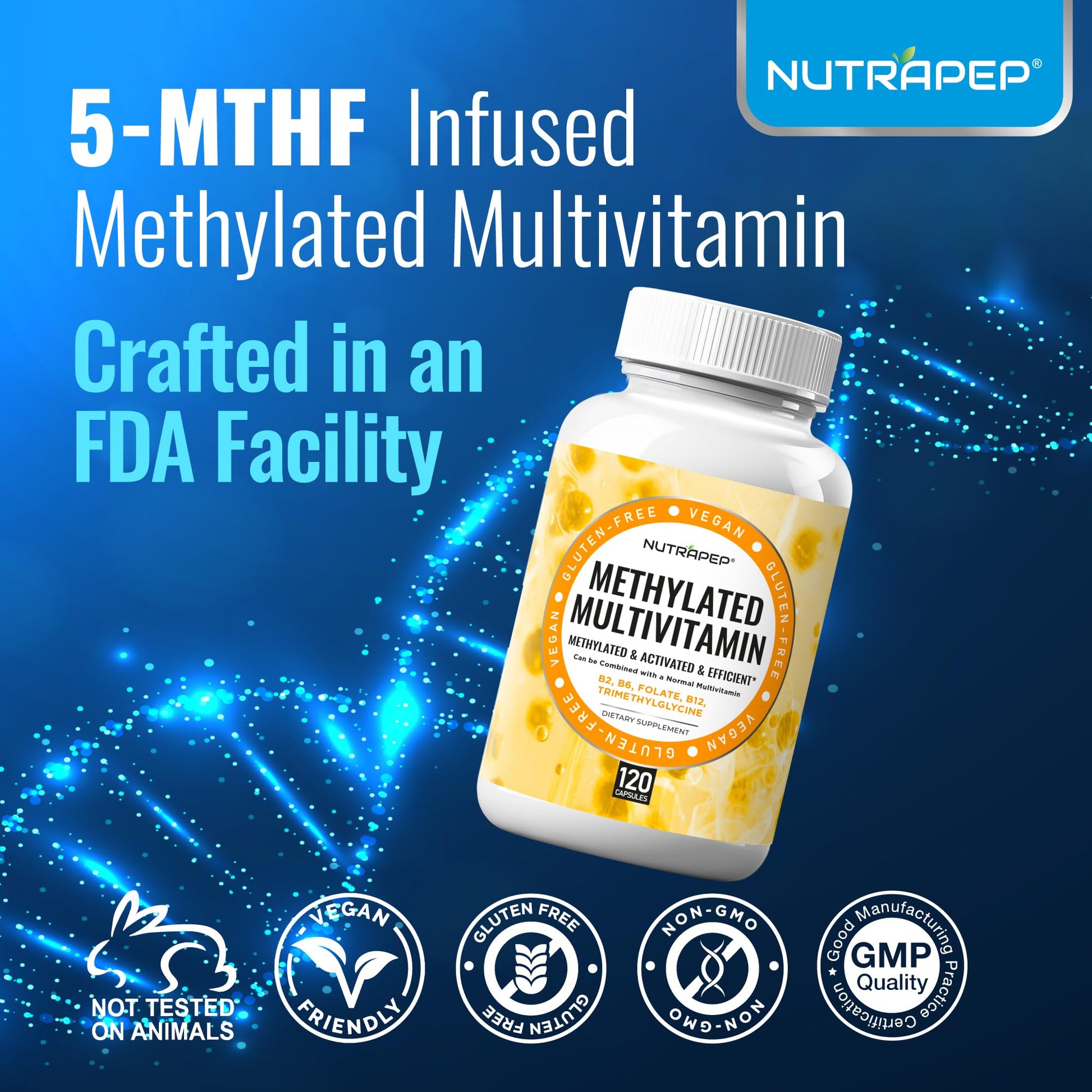 NutraPep Methylated Multivitamin for Men Women - 5-MTHF Riboflavin Vitamin B2 B6 B12 B Complex Trimethylglycine Methyl Folate L Methylfolate Capsules Supplement NutraPepAu supplements