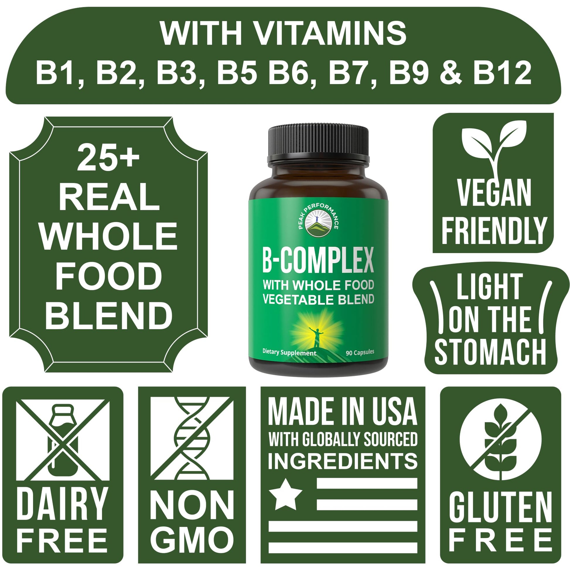 Vitamin B Complex Capsules + Whole Food Blend of 25 Vegetables and Fruits for Max Absorption. Best Vegan B-Complex Supplement with Vitamin B1, B2, B3, B5, B6, B7, B9 and B12. 90 Capsules. Energy Boost Peak PerformanceAu supplements