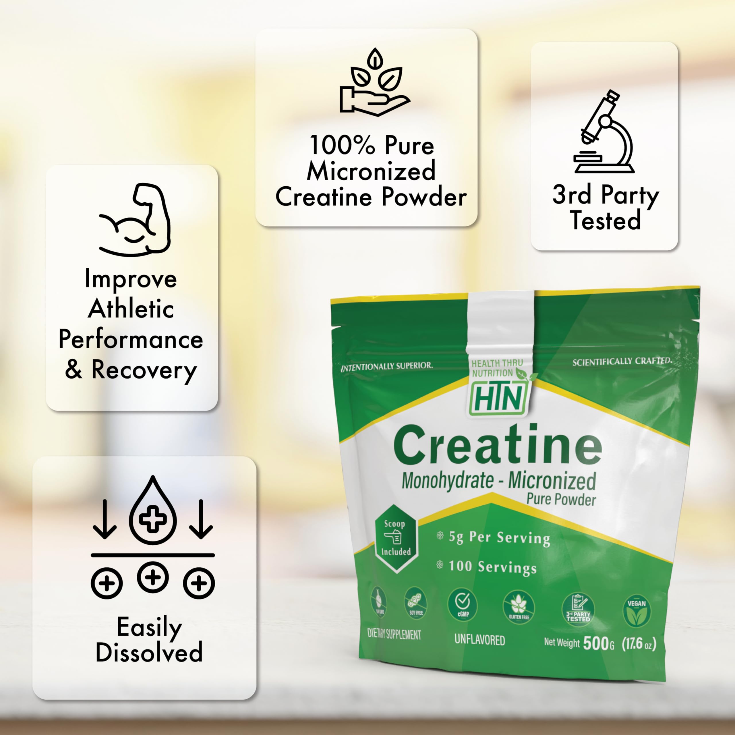 Health Thru Nutrition Creatine Monohydrate Micronized Powder – 500g Pure Unflavored – 5g Per Scoop – Workout Support, Muscle Fuel and Recovery Bulk Supplement | Non-GMO, Vegan Health Thru NutritionAu supplements