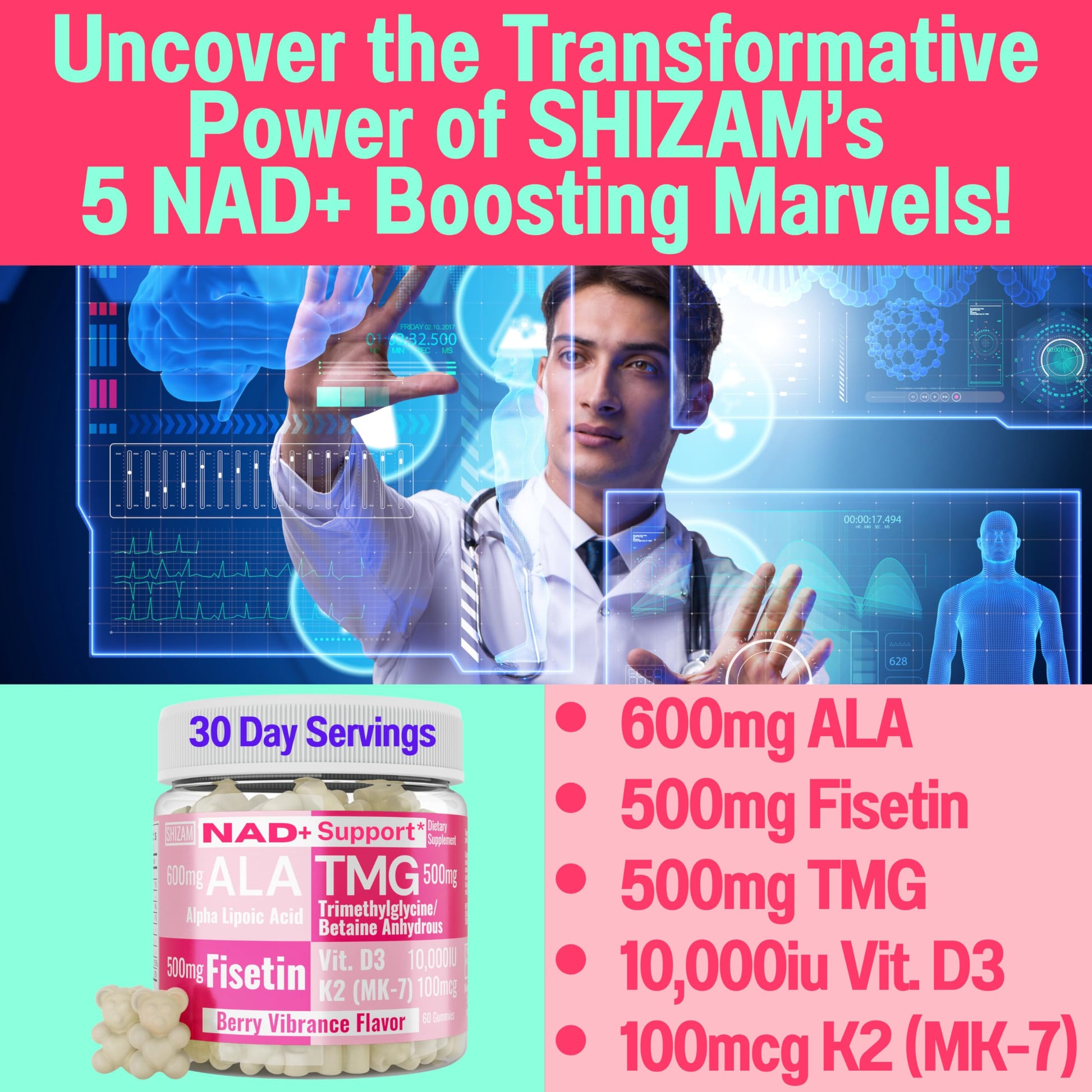 SHIZAM TMG Betaine Alpha Lipoic Acid ALA D3 Fisetin Gummies, Tri-Methylglycine trimethylglycine R-Alpha NAD+ Plus + HCL Supplements, Mitochondrial Senolytic Activator, NR Capsules Powder 600mg 1000mg SHIZAMAu supplements