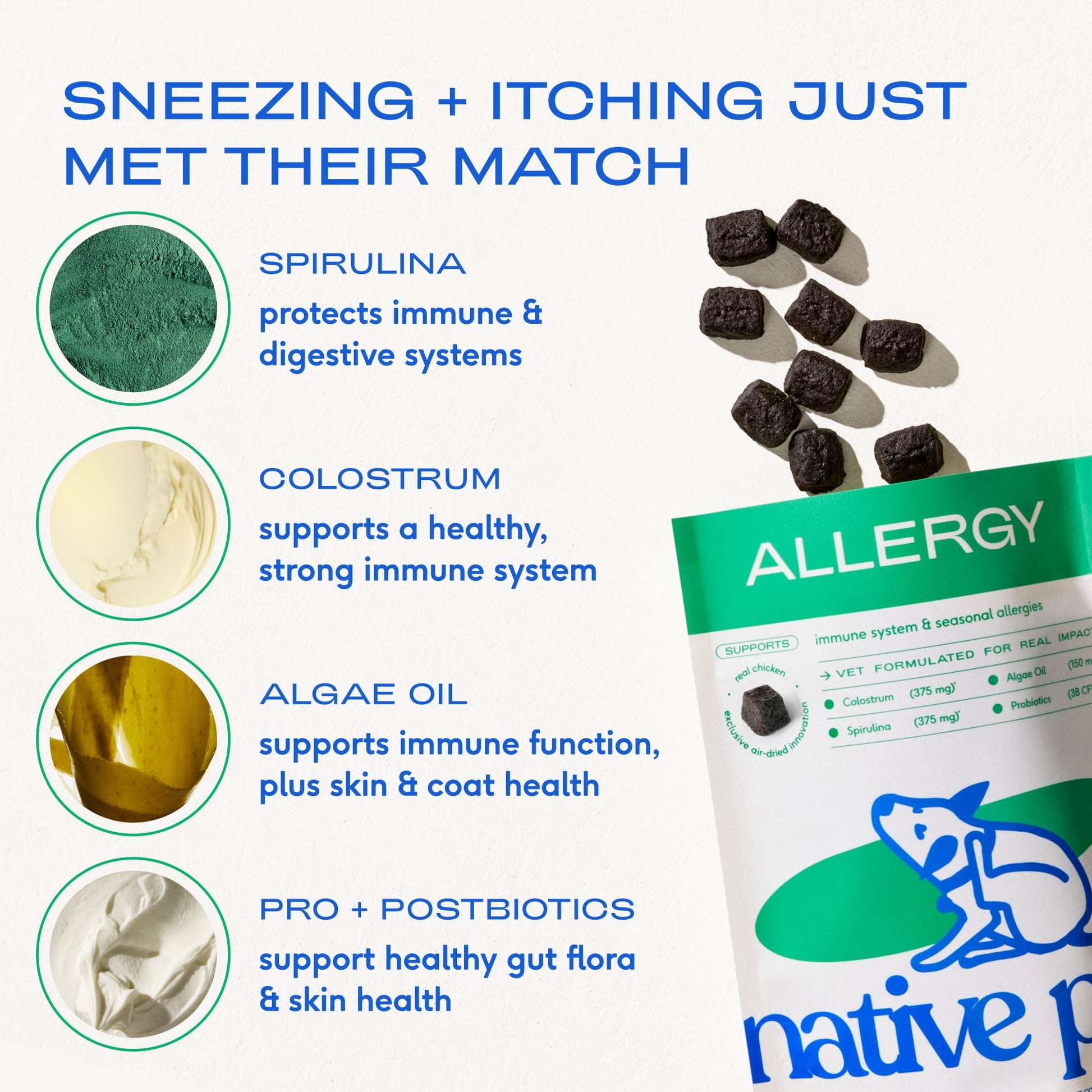 Native Pet Dog Allergy Chews - Dog Allergy Relief for Medium Breeds - Supports Seasonal Itch Relief, Healthy Immune Function & Reduces Sneezing - Colostrum, Spirulina, & Probiotics - 30 Days Supply Native PetAu supplements