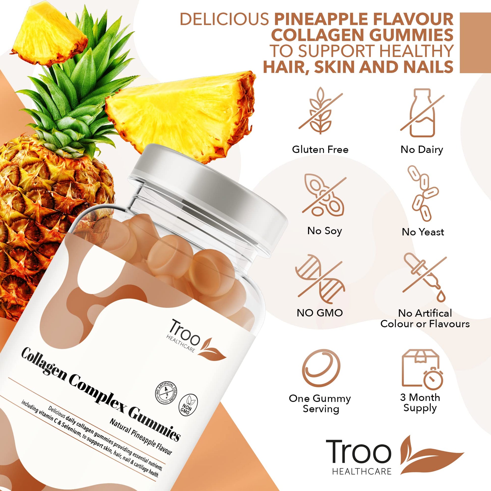 Hydrolysed Collagen Complex - 90 Natural Pineapple Flavour Chewable Gummies - One Per Day with Biotin, Vitamin C and Selenium Troo Health CareAu supplements