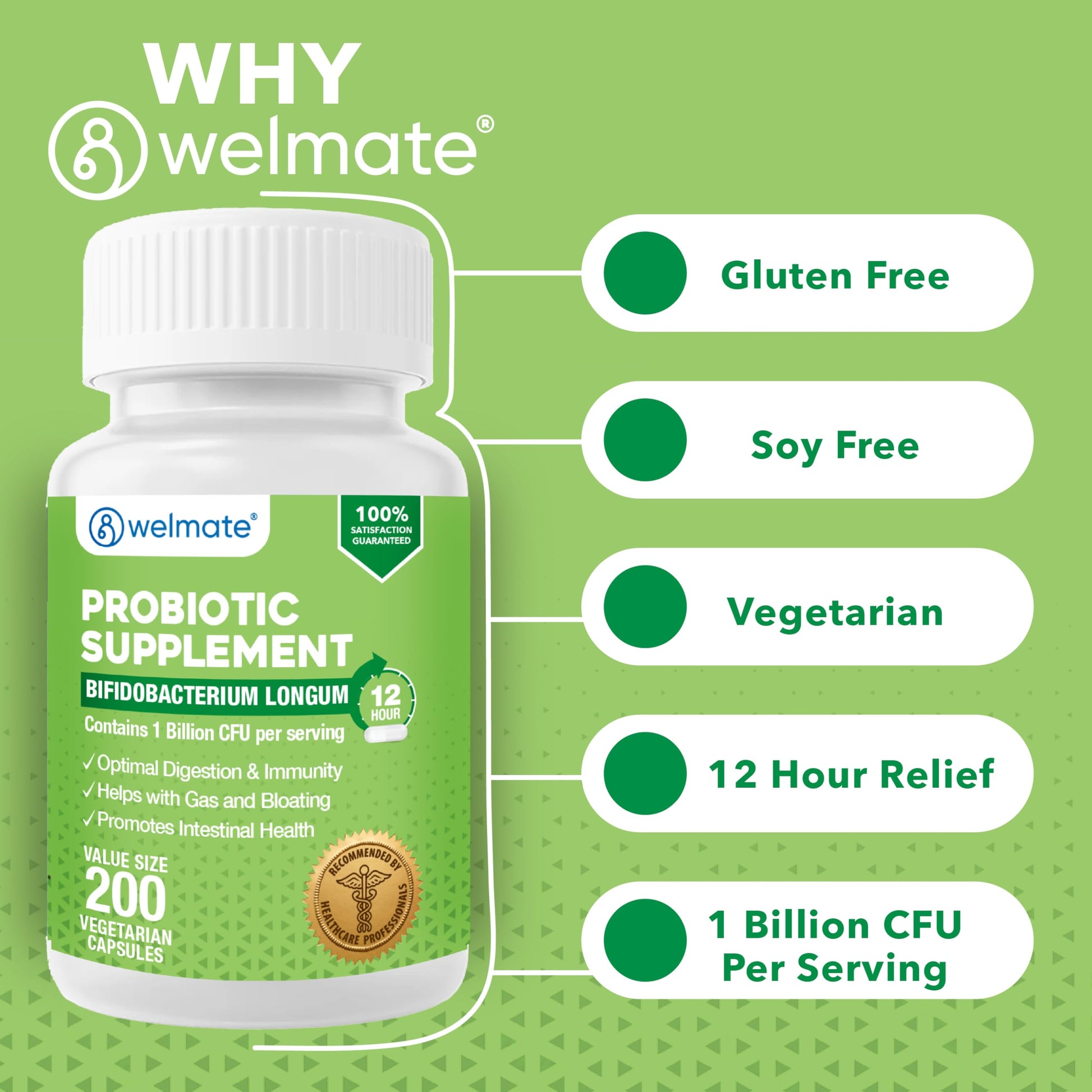 WELMATE Bifidobacterium - Probiotic Supplement - Supports Gut Health - Immune Support - Digestive Enzymes - Gluten Free - Vegan - Men & Womens Probiotic - Value Size - 200 Count WELMATEAu supplements