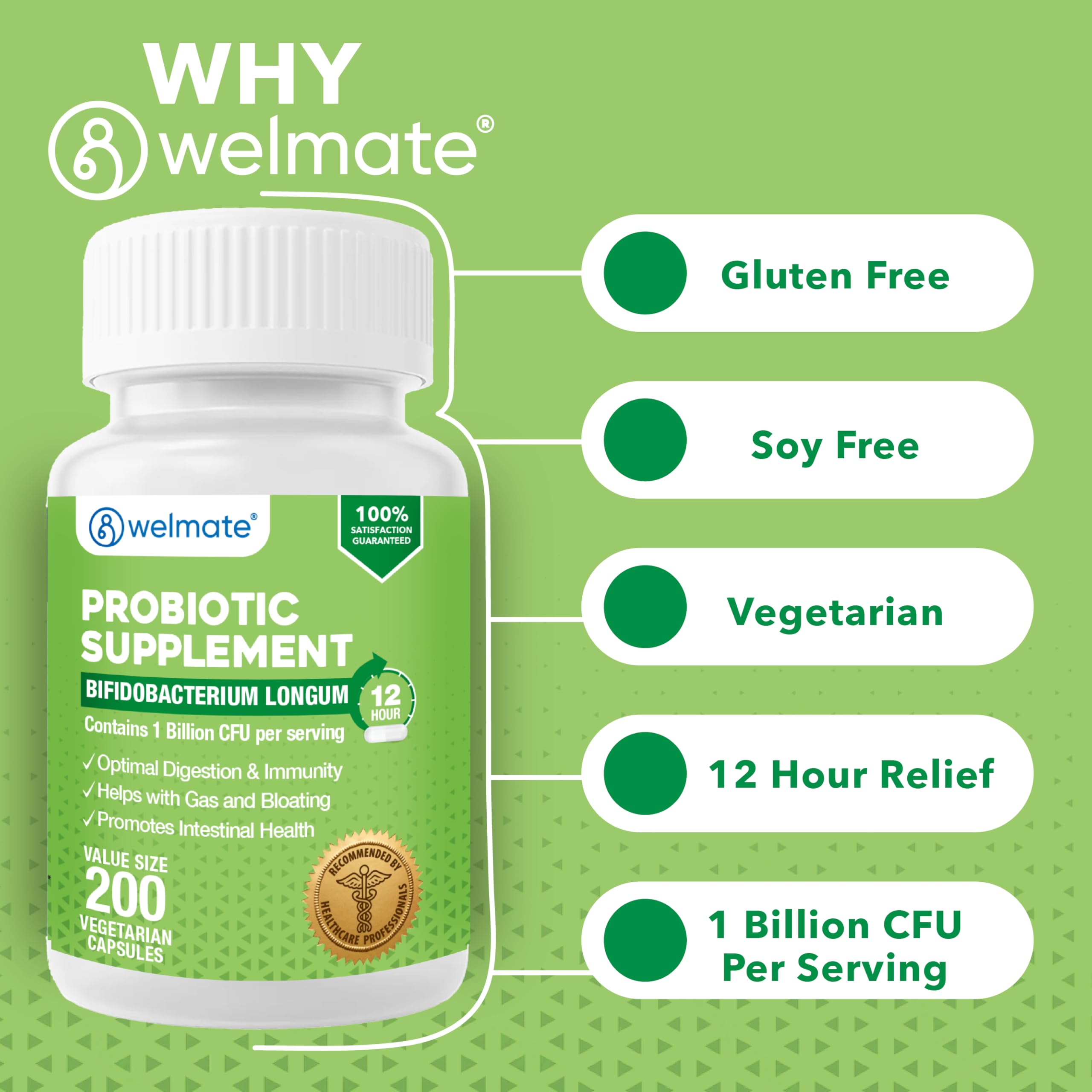 WELMATE Bifidobacterium - Probiotic Supplement - Supports Gut Health - Immune Support - Digestive Enzymes - Gluten Free - Vegan - Men & Womens Probiotic - Value Size - 200 Count WELMATEAu supplements