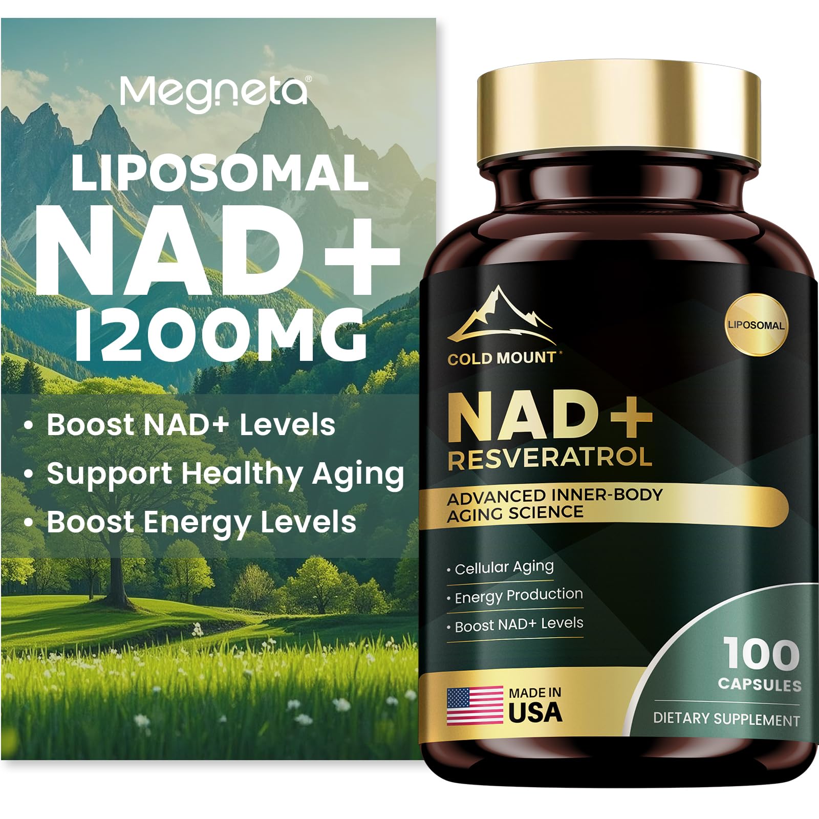 MEGNETA Liposomal NAD+ Supplement 1200mg with Trans Resveratrol - Boost NAD+ Levels, Energy & Anti-Aging Support - Vegan, 100 Capsules MEGNETAAu supplements