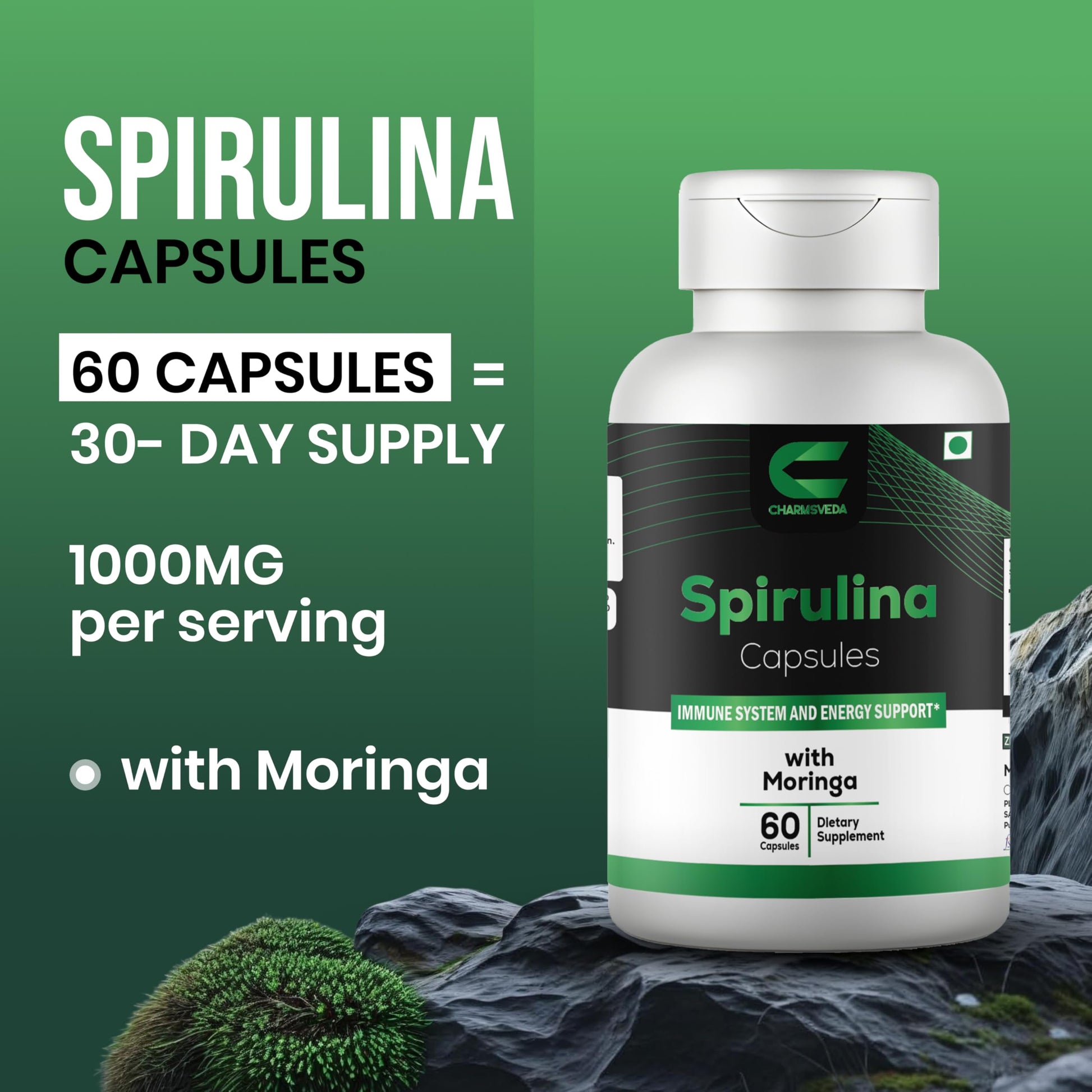 CHARMSVEDA Spirulina Capsules with Moringa – Herbal Immune Support* – 60 Vegan Capsules CHARMSVEDAAu supplements
