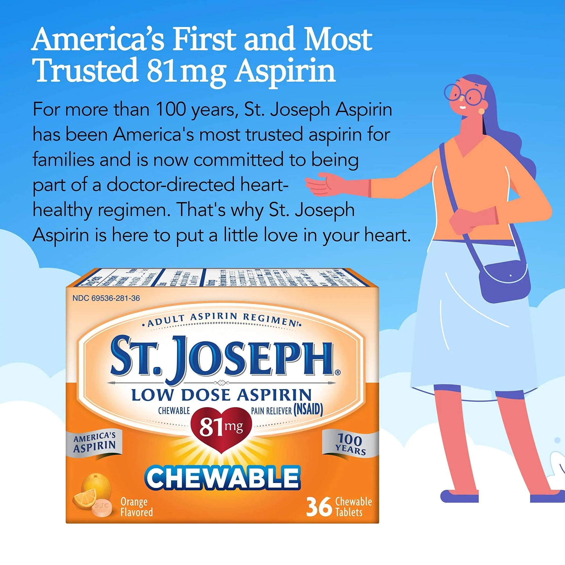 St. Joseph Aspirin Pain Reliever (NSAID) 81mg, Chewable Orange Tablets, Adult Low Dose Regimen, 36 ct St. JosephAu supplements