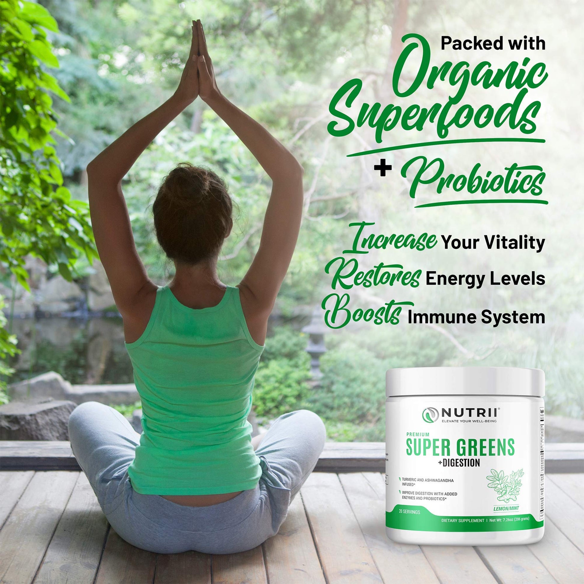 Nutrii Organic Green Immunity Superfood Powder - Soothes Digestion, Boosts Healthy Vitality and Energy. Fast Acting Formula with Probiotics, Enzymes, Turmeric and Ashwagandha (30 Servings Lemon-Mint) NutriiAu supplements