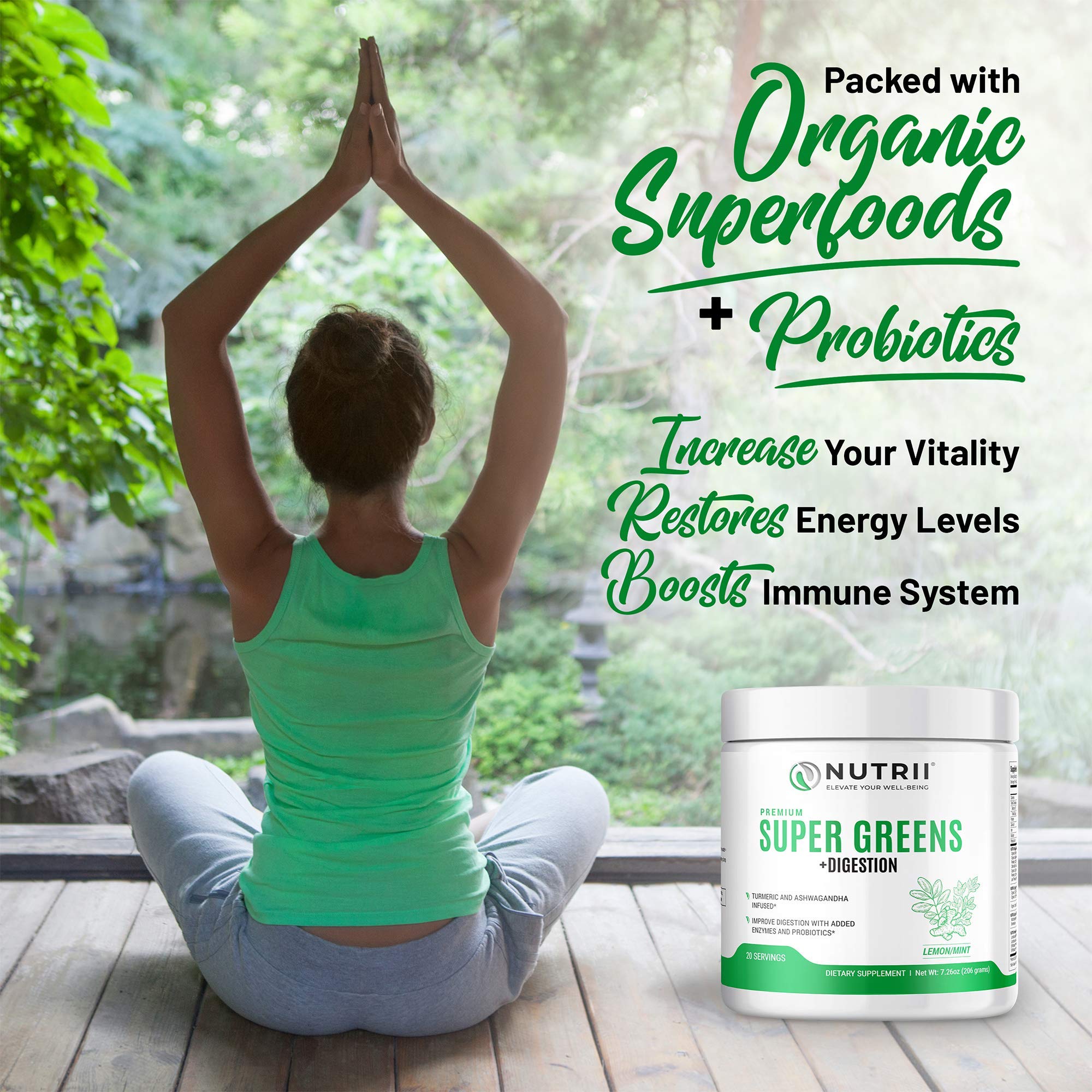 Nutrii Organic Green Immunity Superfood Powder - Soothes Digestion, Boosts Healthy Vitality and Energy. Fast Acting Formula with Probiotics, Enzymes, Turmeric and Ashwagandha (30 Servings Lemon-Mint) NutriiAu supplements