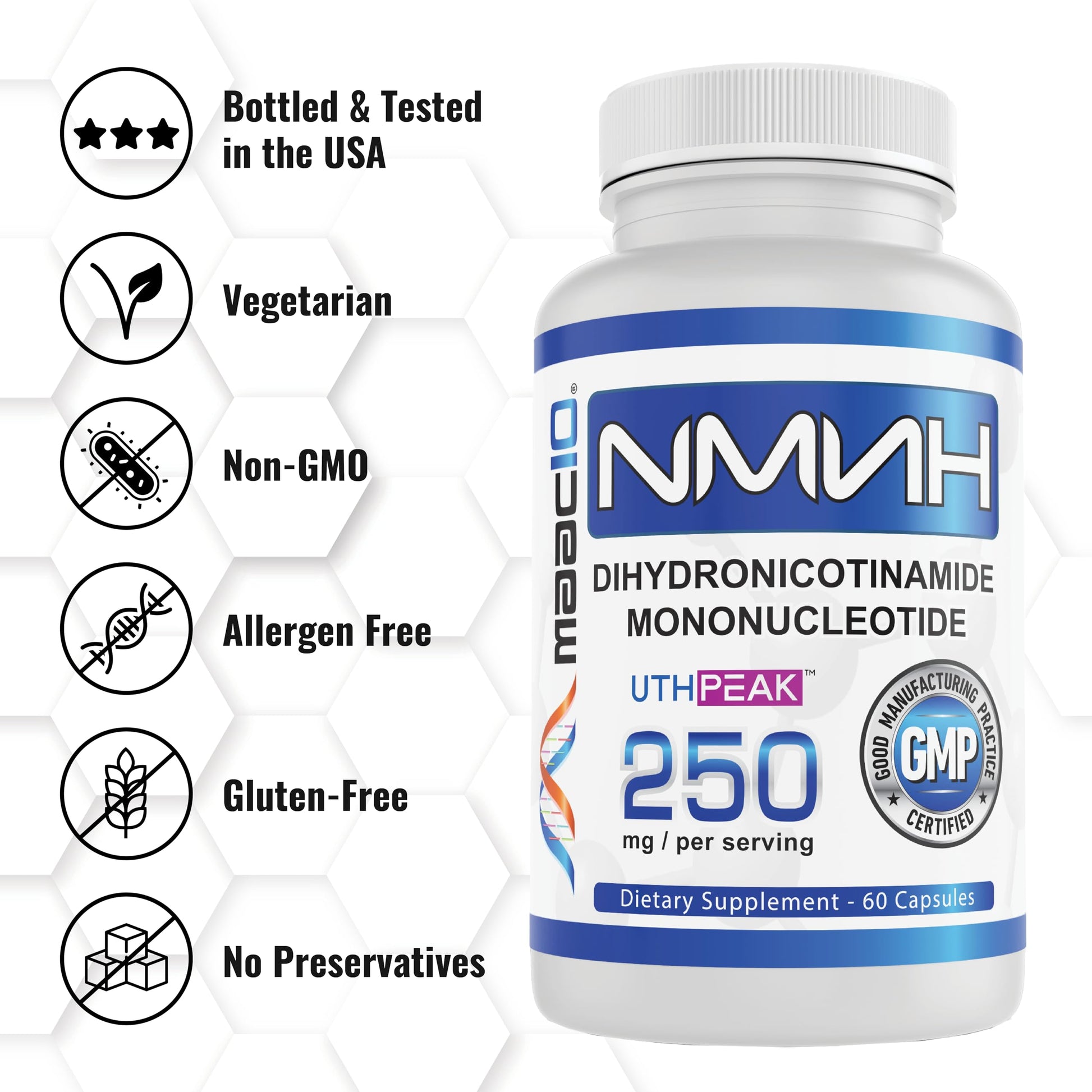 MAAC10 NMNH (NMN Supplement Alternative) 250mg Serving | Uthpeak™ NMNH (Dihydronicotinamide Mononucleotide) for Better Stability | 30-Day Supply. MAAC10Au supplements