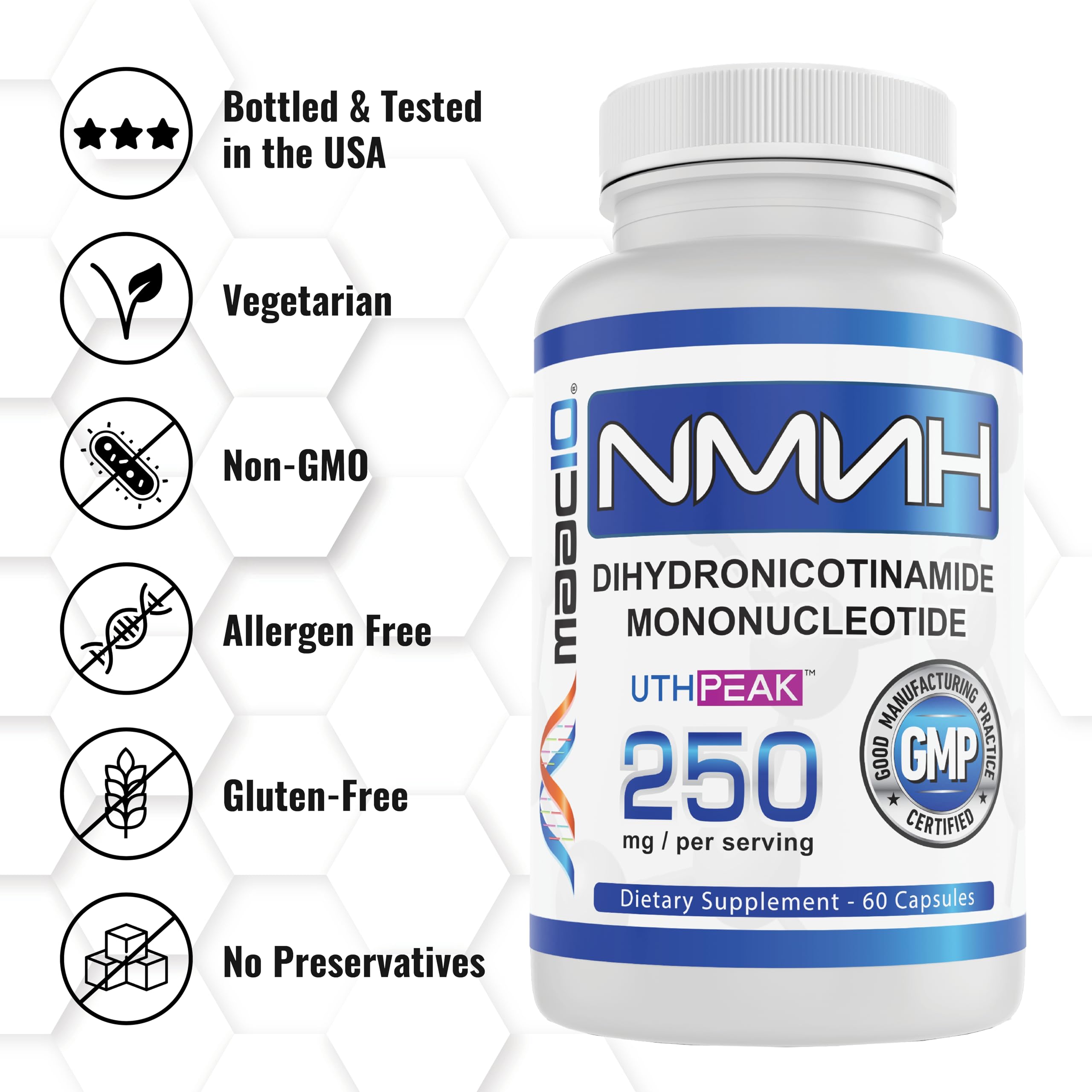 MAAC10 NMNH (NMN Supplement Alternative) 250mg Serving | Uthpeak™ NMNH (Dihydronicotinamide Mononucleotide) for Better Stability | 30-Day Supply. MAAC10Au supplements