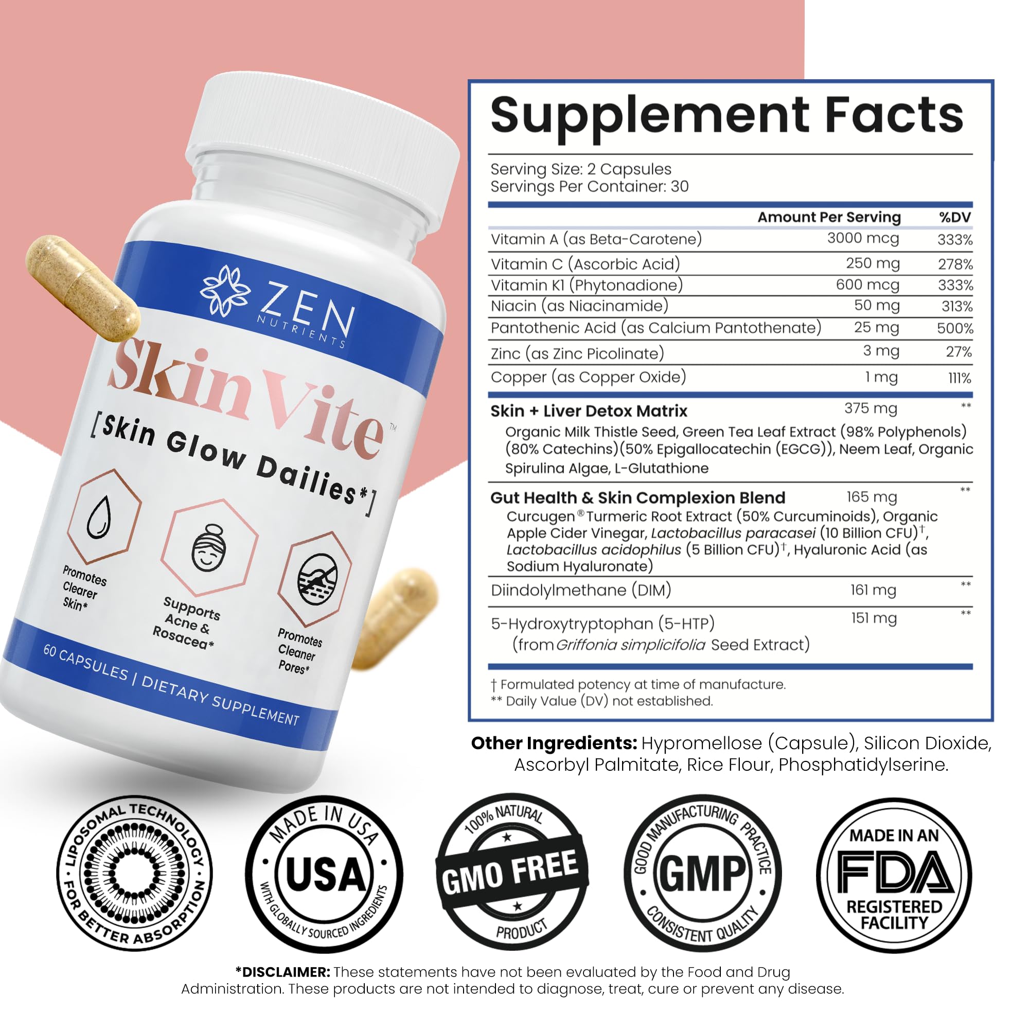 Zen Nutrients SkinVite Natural Skin Supplement for Women, Men & Teens - Hormonal Breakouts & Clear Skin Support Supplement - Detoxifying Vitamin for Acne and Digestion Support Zen NutrientsAu supplements