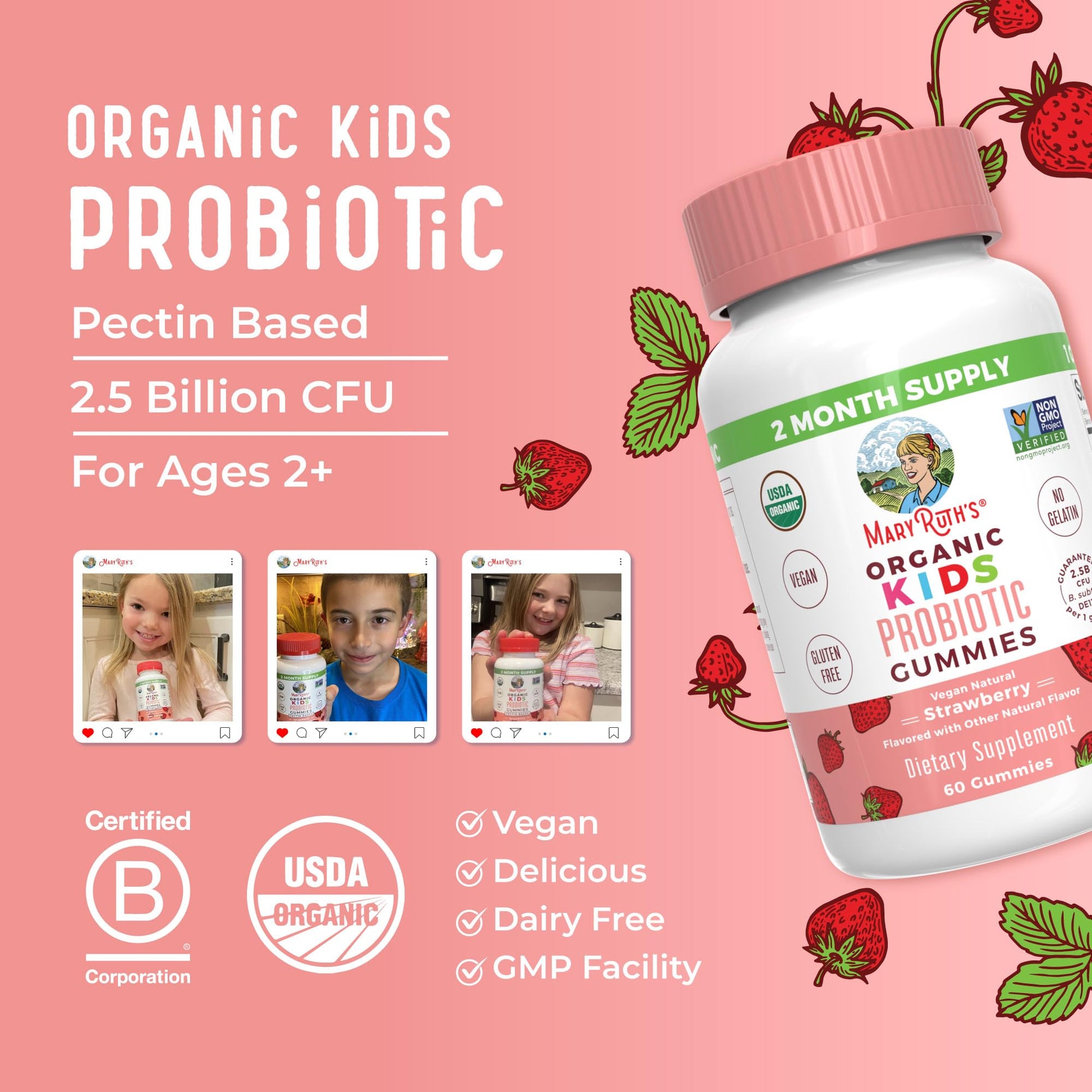 MaryRuth Organics Kids Probiotics for Digestive Health | USDA Probiotic Gummies | 2 Month Supply | Kids Probiotics | Immune Support | Gut Health Supplement | Vegan | Non-GMO | Gluten Free | 60 Count MARYRUTH'SUS supplements