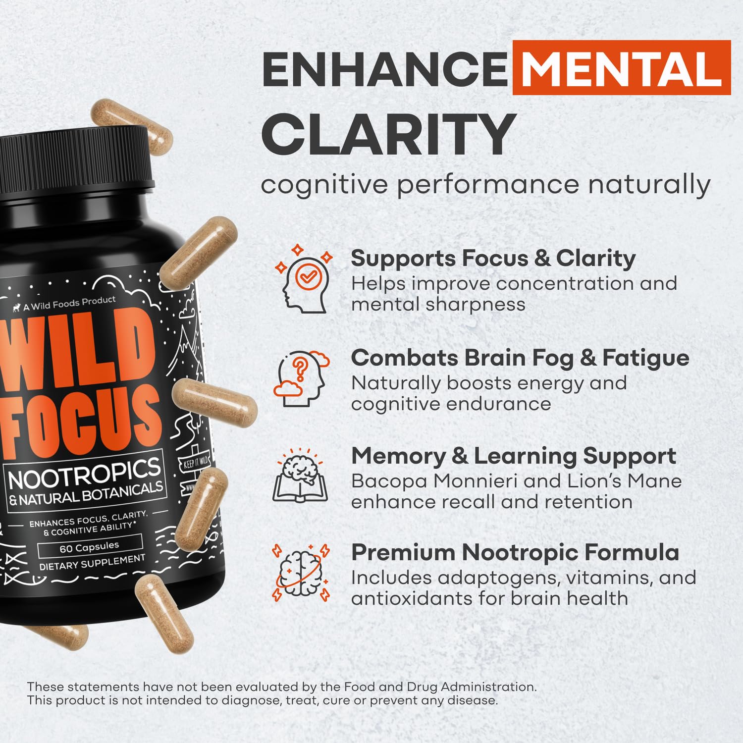 Wild Focus Brain Supplements | Caffeine-Free, Plant-Based Botanicals | Lions Mane, Ginkgo Biloba, Bacopa Monnieri, Lemon Balm | 100% Natural Nootropic | 60 caps Wild FoodsAu supplements