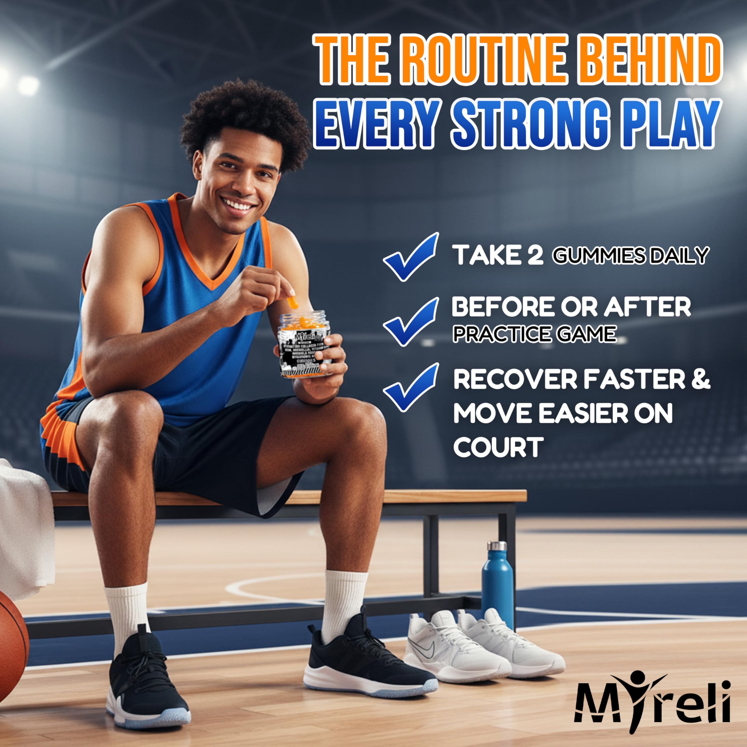 MYRELI Hydrolyzed Collagen Type II 500mg, MSM 700mg, Boswellia 200mg, Vitamin C 400mg, Rhodiola 100mg, Hyaluronic Acid 100mg, Joint Mobility, Flexibility, Basketball Athletes, Vegan, Non GMO, 60 Gummy MYRELIAu supplements