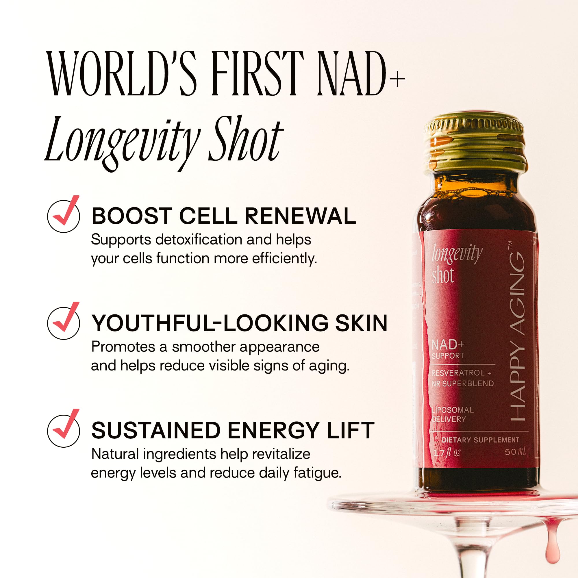 Happy Aging Liquid NAD+ Resveratrol Supplement, NMN Alternative, Liposomal Nicotinamide Riboside & Antioxidants for Energy Support, Brain Health, Firm Skin, Twice Weekly Use, 30 Shots Happy AgingAu supplements