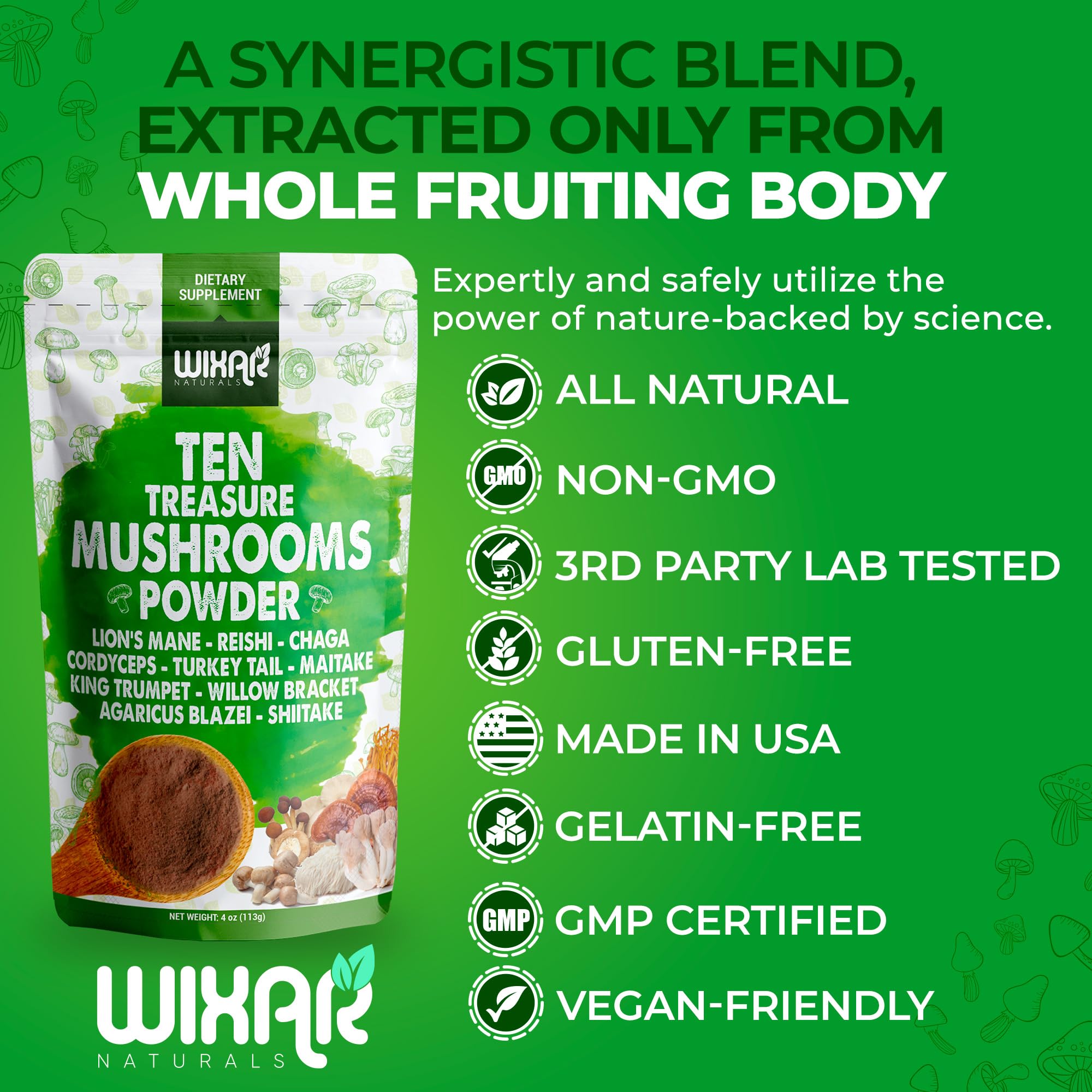 Wixar Mushroom Powder - Ten Treasure Mushrooms Extract Supplement Blend for Coffee WIXAR NATURALSUS supplements
