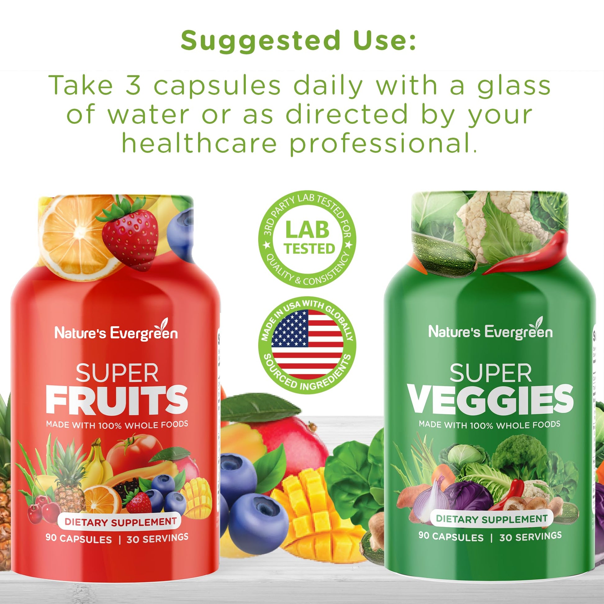 Fruits and Veggies Supplement - Nature Fruits and Vegetables Supplements - Vegan, Non GMO, Soy Free, Superfood Vitamins & Minerals Nutritional Balance - (Total 180 Capsules - Pack of 2) Made in USA Nature's EvergreenAu supplements
