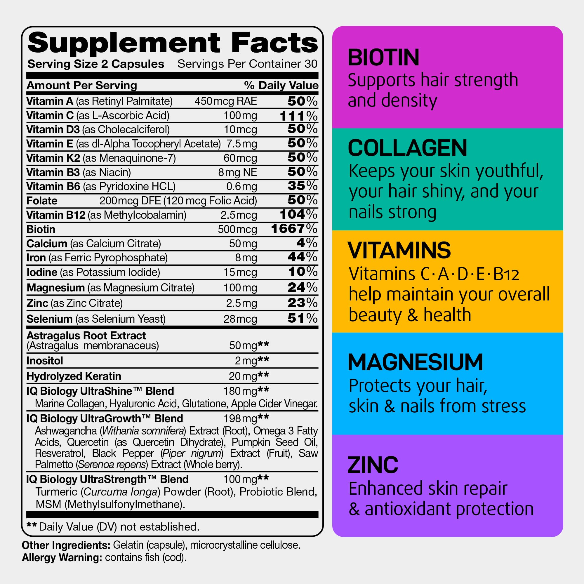 IQ BIOLOGY Biotin Collagen Keratin Astragalus Magnesium Ashwagandha Vitamin D3 Vitamin C IQ BIOLOGYAu supplements