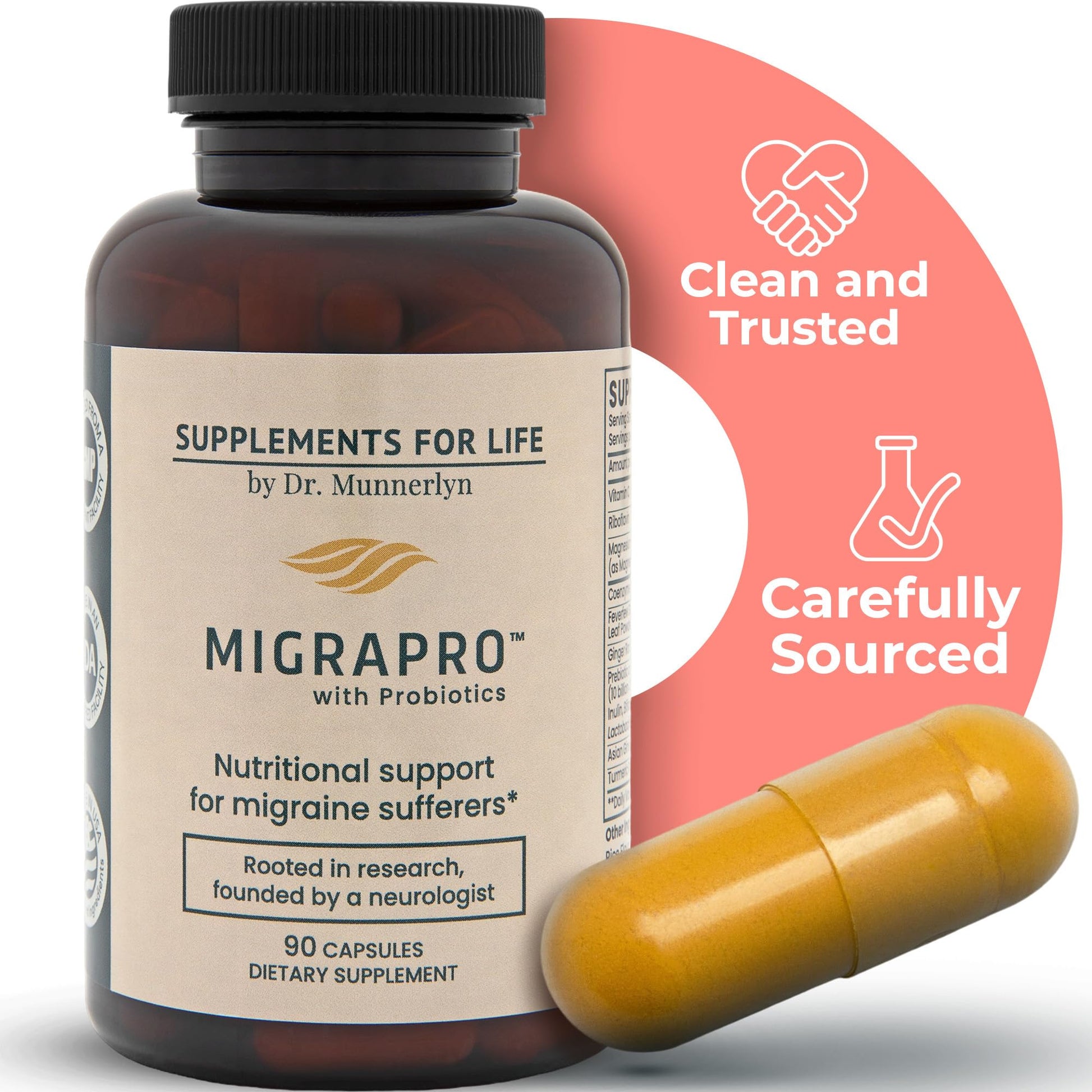 Dr. Munnerlyn MigraPro with Probiotics, Brain and Gut Health Support Supplement with Magnesium, Riboflavin, CoQ10, Ginger Root, Asian Ginseng, Vitamin C, Feverfew & Turmeric, Gluten Free, 90 Capsules Dr. MunnerlynAu supplements