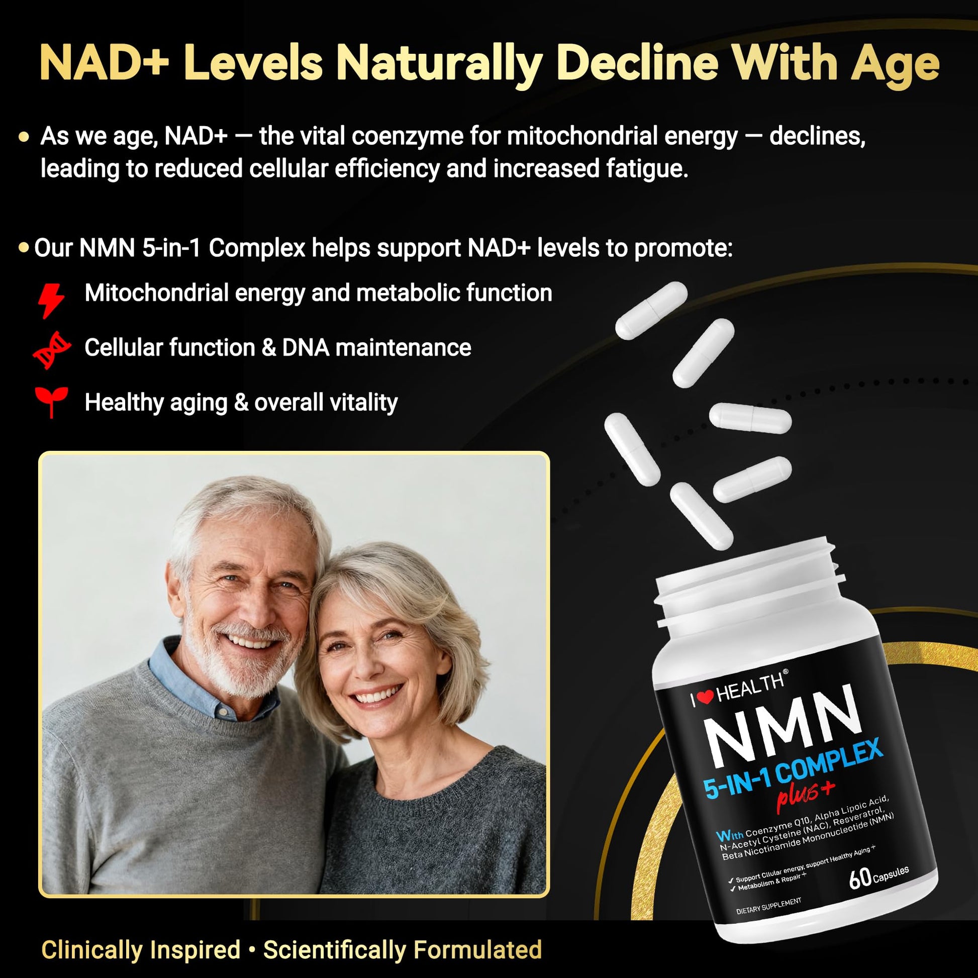 I LOVE HEALTH NMN Complex Plus+ for Women & Men with NAC, Alpha Lipoic Acid, CoQ10 & Resveratrol – 5-in-1 Cellular Energy & Healthy Aging Support – 60 Capsules, Non-GMO, Made in USA I LOVE HEALTHAu supplements