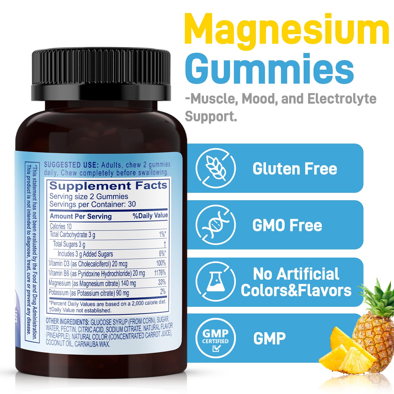 Biobor Potassium Magnesium Gummies, Magnesium Citrate & Potassium Citrate Supplements with Vitamin D3, B6 for Electrolyte Balance, Muscle, Leg Cramps, GMO Free Gluten Free (Pineapple,60 Count) BioborAu supplements